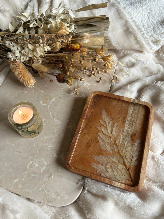 Handmade wood epoxy resin dried flower beige nude leaf, serving board tray platter jewelry holder storage vanity perfume home decor gift
