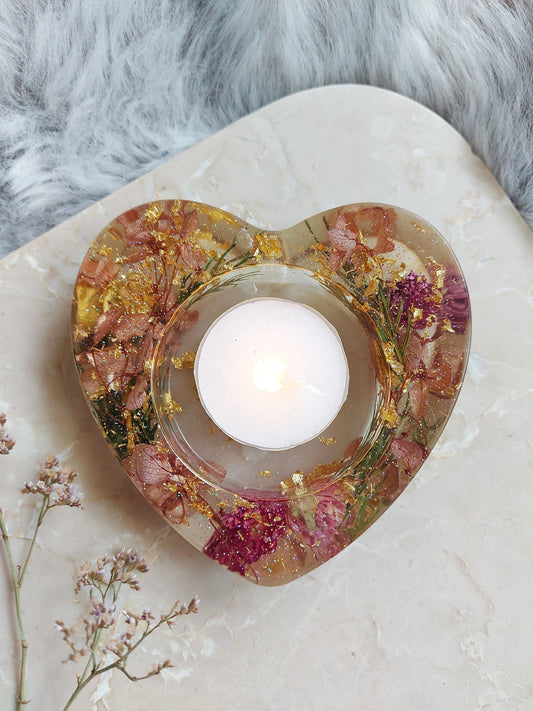 Pink and Gold Dried Flower Heart Candle Holder