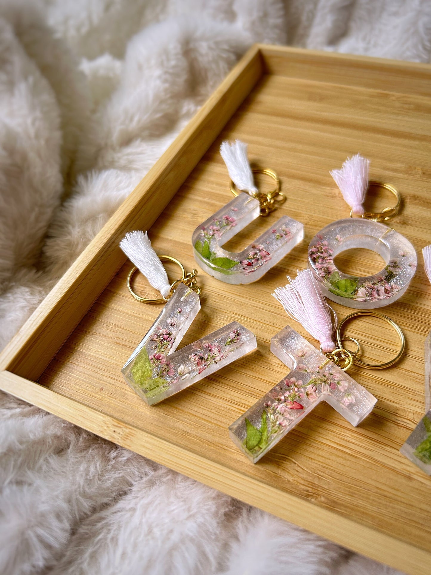 Custom Pink Dried Flowers Letter Keychain