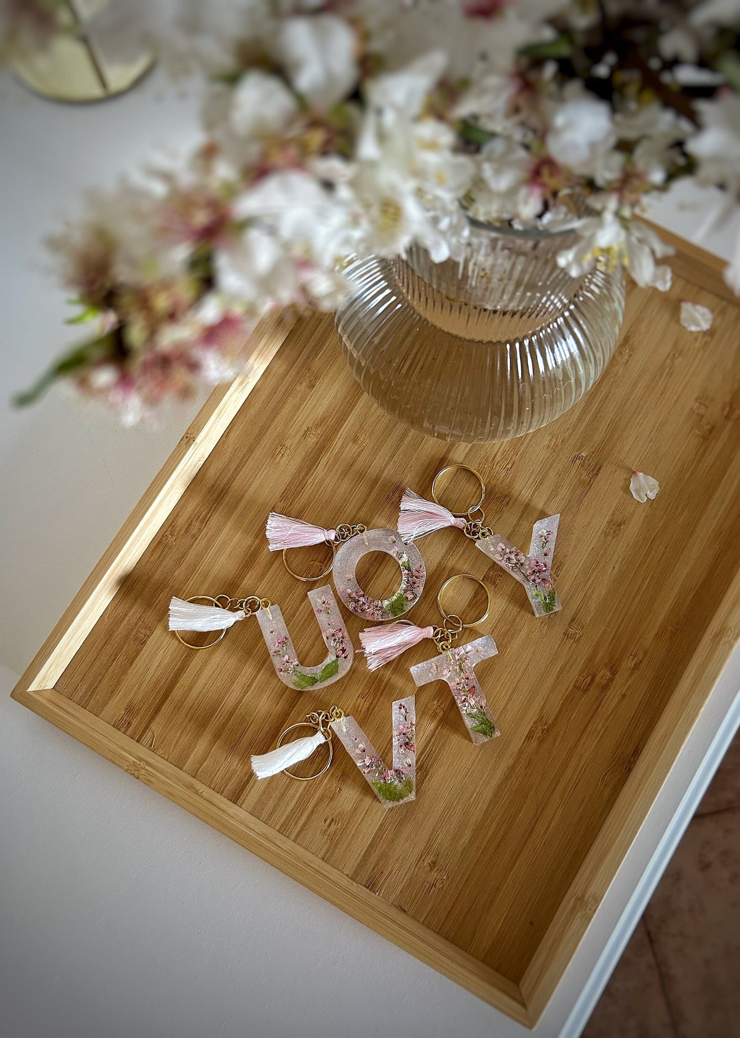 Custom Pink Dried Flowers Letter Keychain