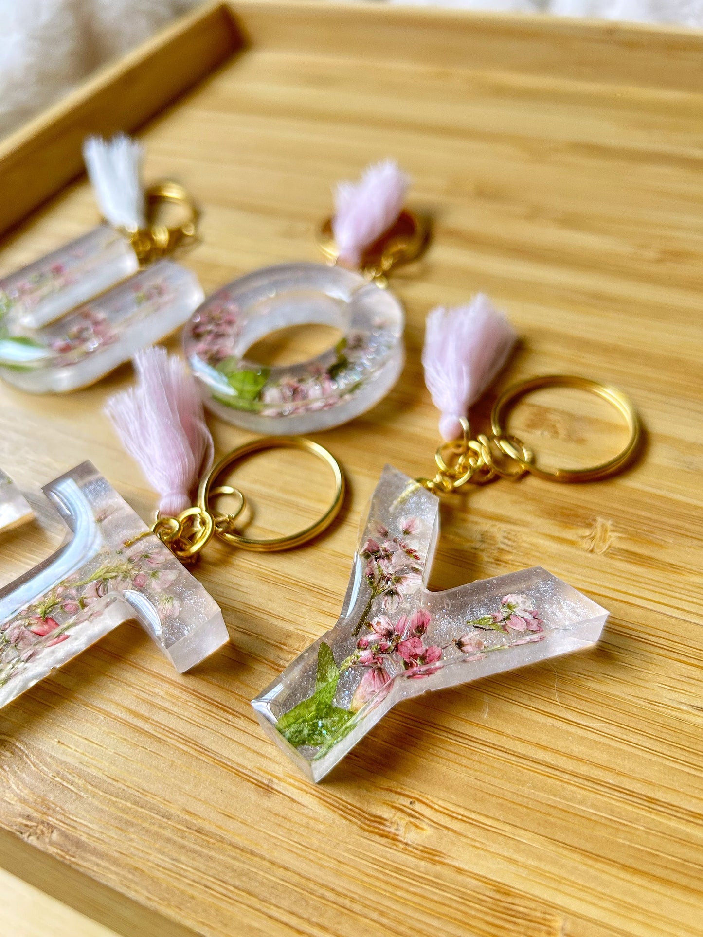 Custom Pink Dried Flowers Letter Keychain