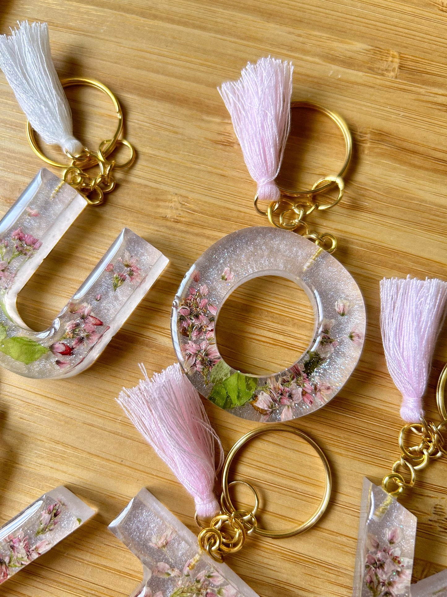 Custom Pink Dried Flowers Letter Keychain