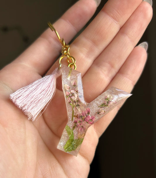 Custom Pink Dried Flowers Letter Keychain