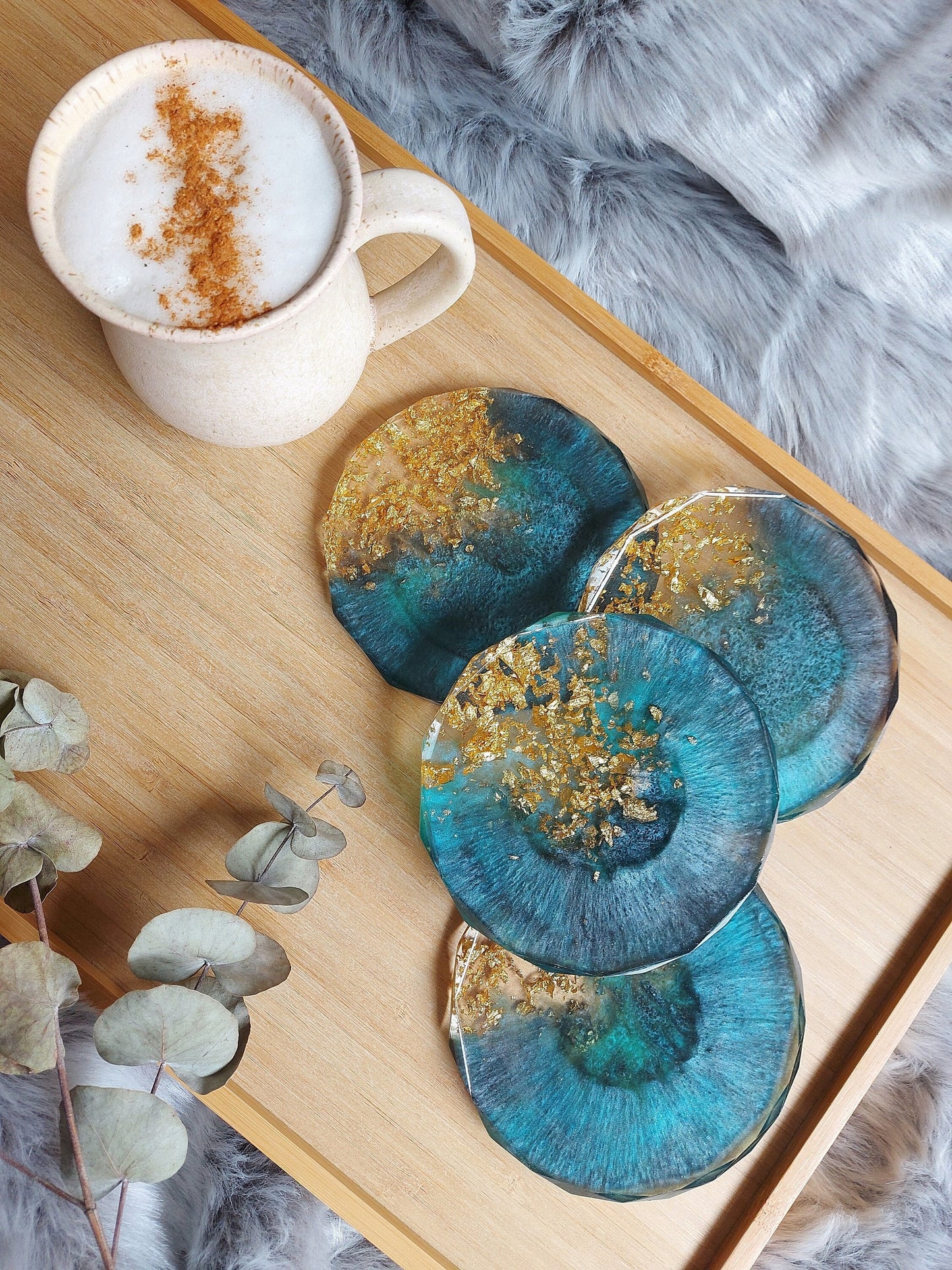 Teal and Gold Galaxy Coaster Set