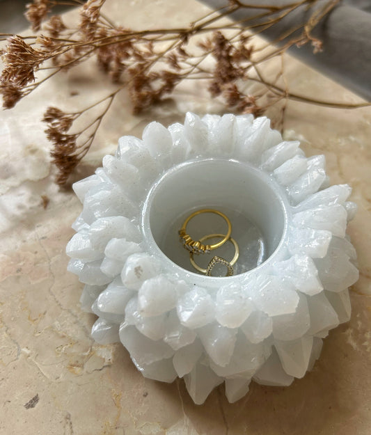 Handmade White Resin Crystal Candle and Ring Holder