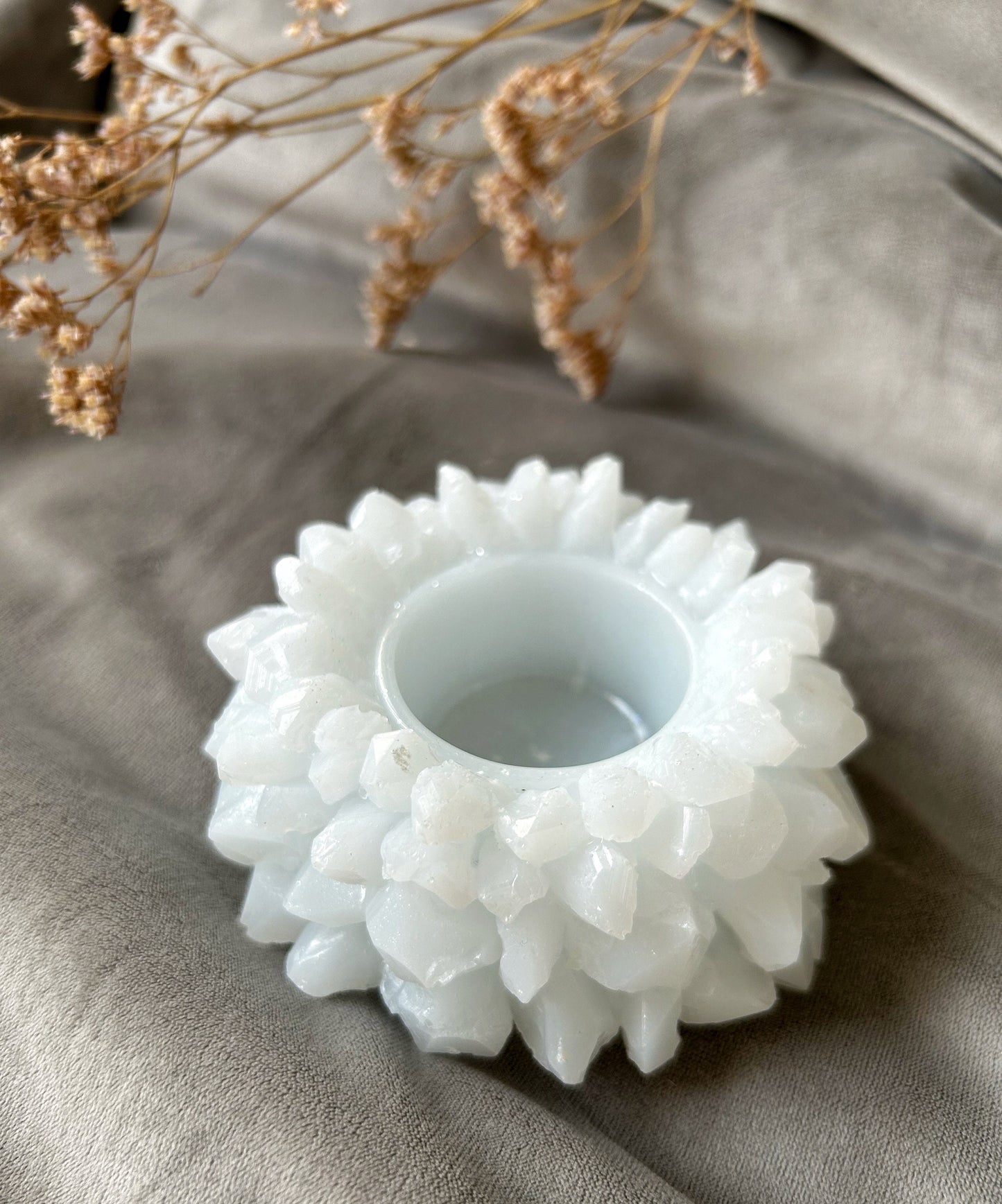 Handmade White Resin Crystal Candle and Ring Holder