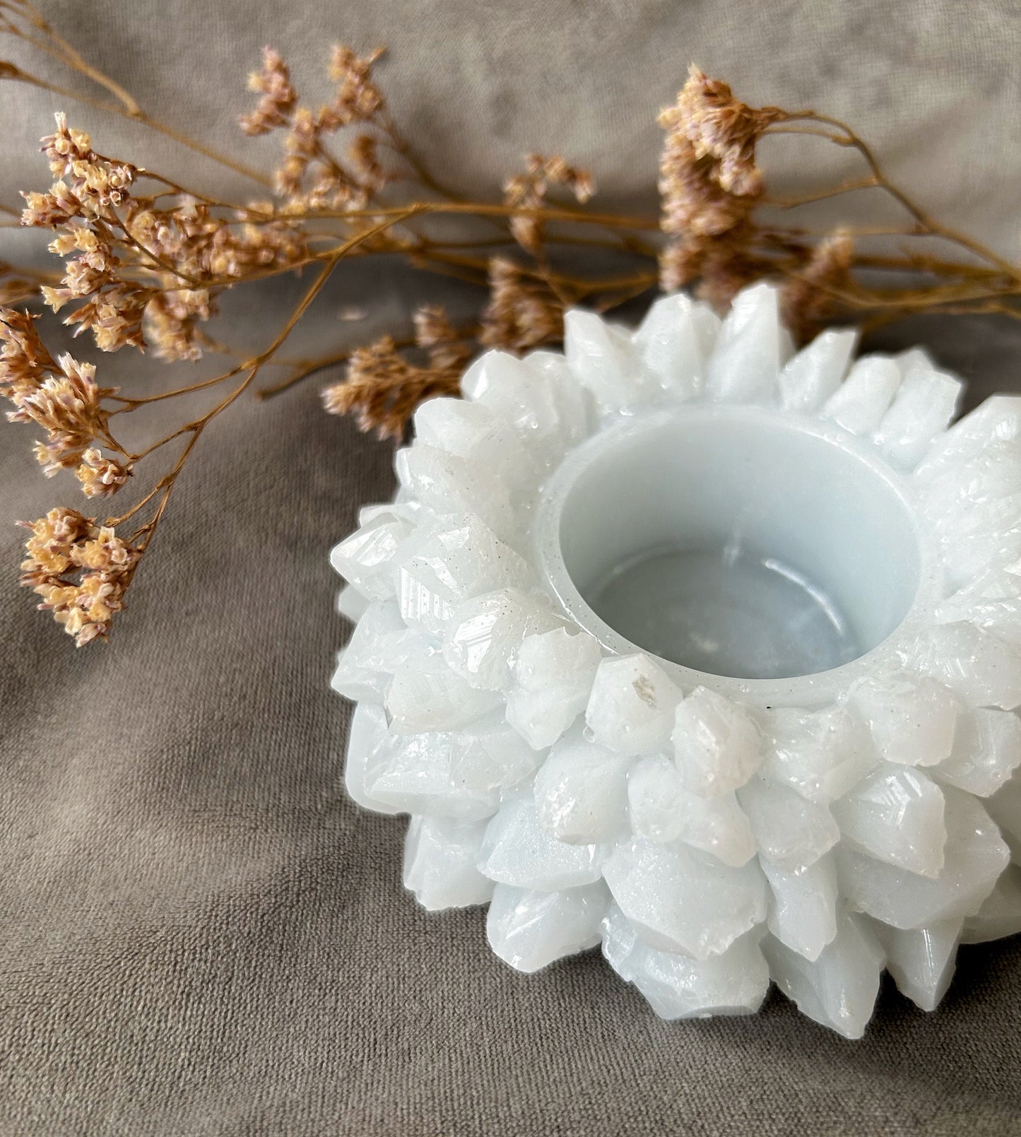 Handmade White Resin Crystal Candle and Ring Holder