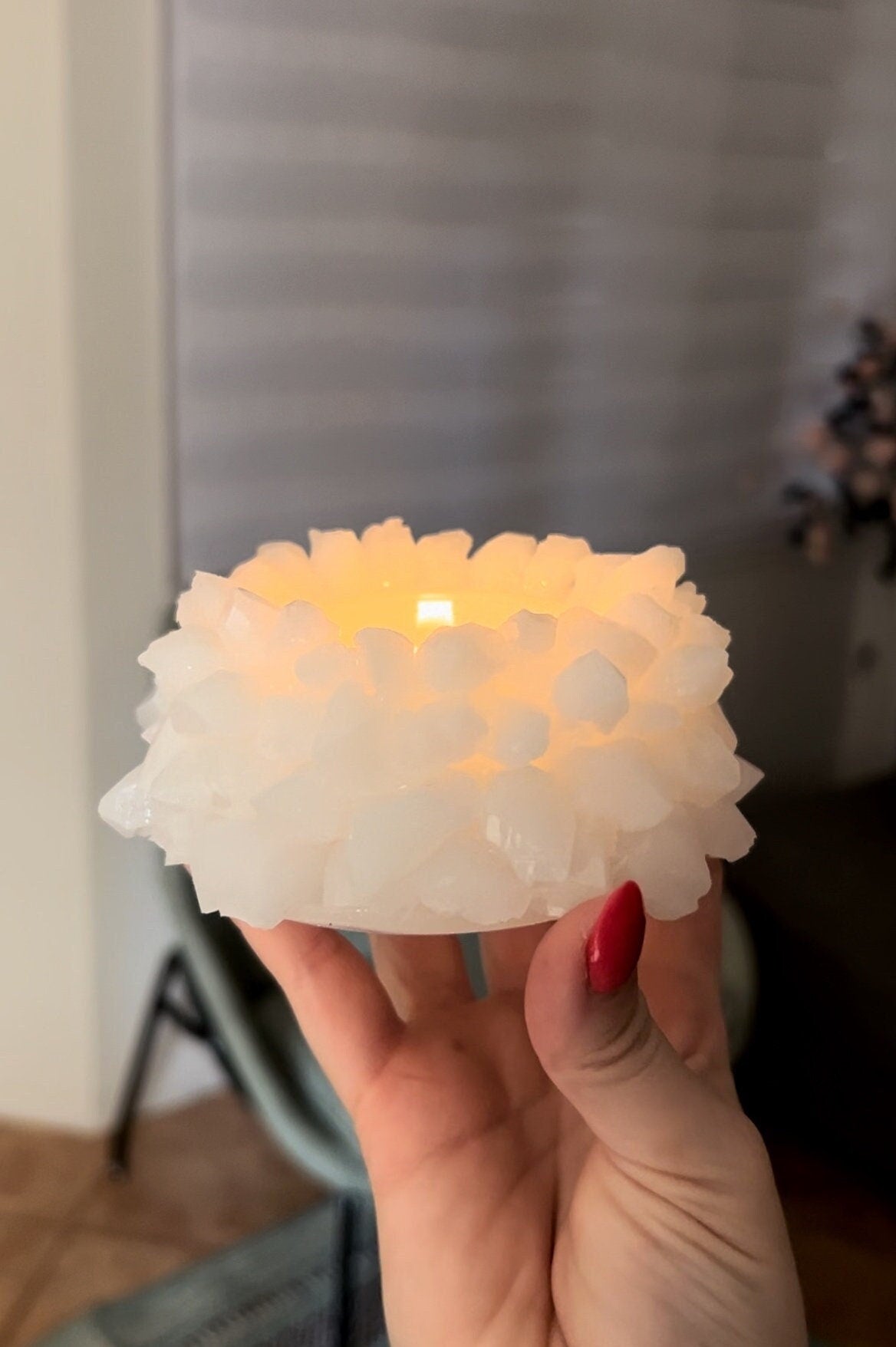 Handmade White Resin Crystal Candle and Ring Holder