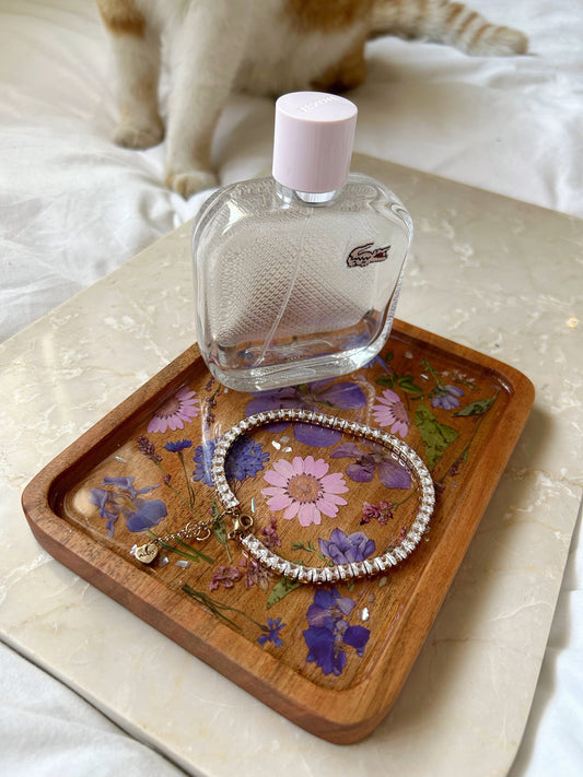 Floral Resin Acacia Wood Jewelry Tray
