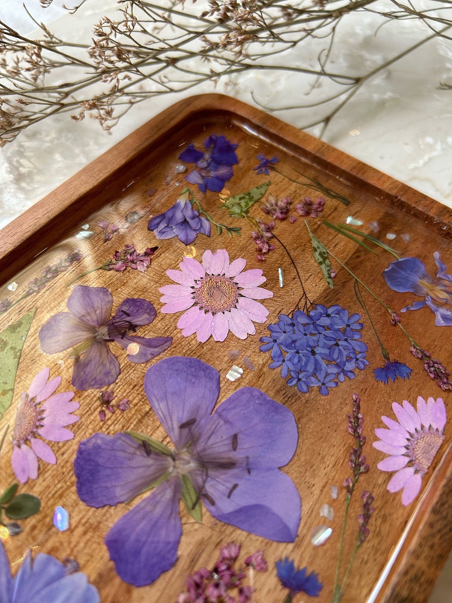 Floral Resin Acacia Wood Jewelry Tray