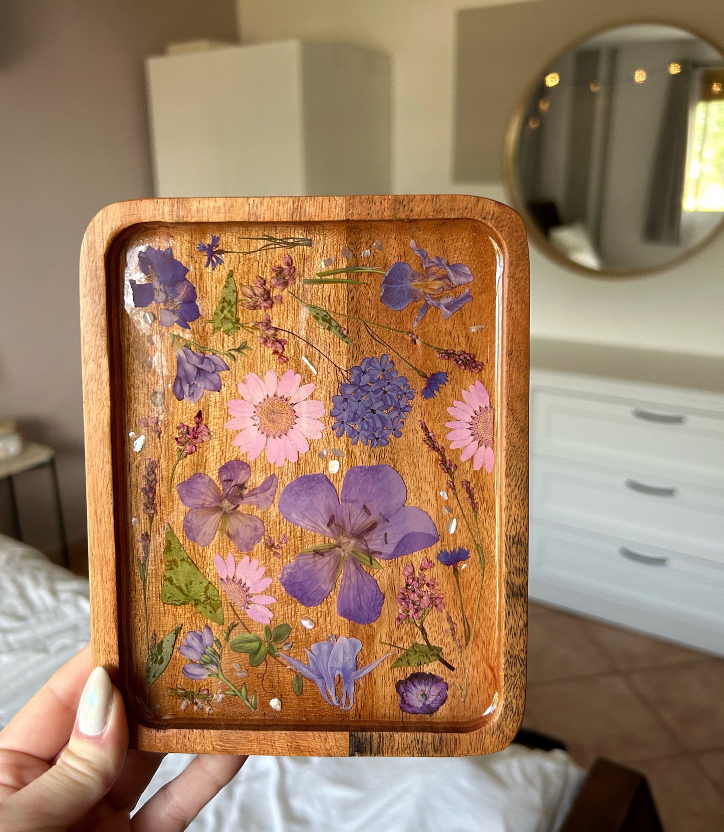 Floral Resin Acacia Wood Jewelry Tray