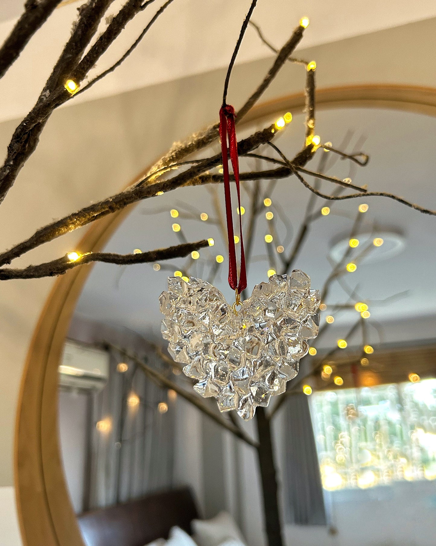 Crystal Resin Burgundy Ribbon Heart Christmas Ornament