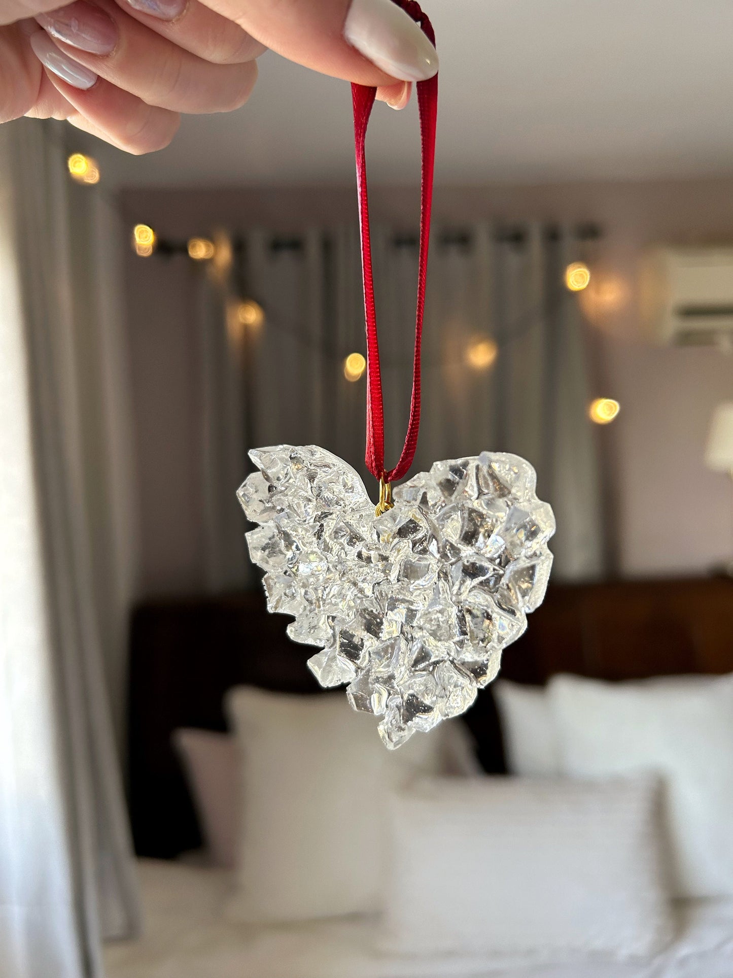 Crystal Resin Burgundy Ribbon Heart Christmas Ornament