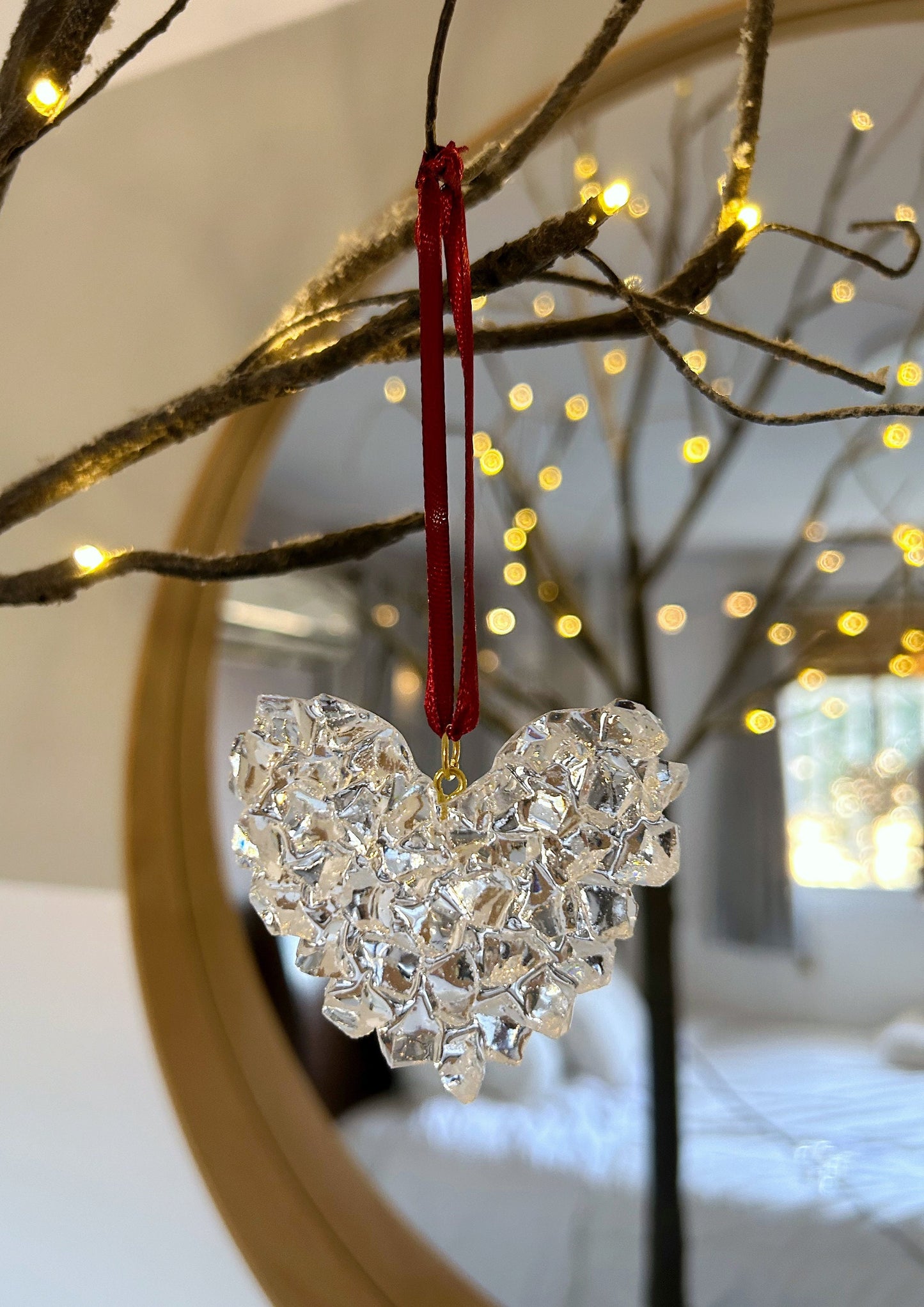 Crystal Resin Burgundy Ribbon Heart Christmas Ornament