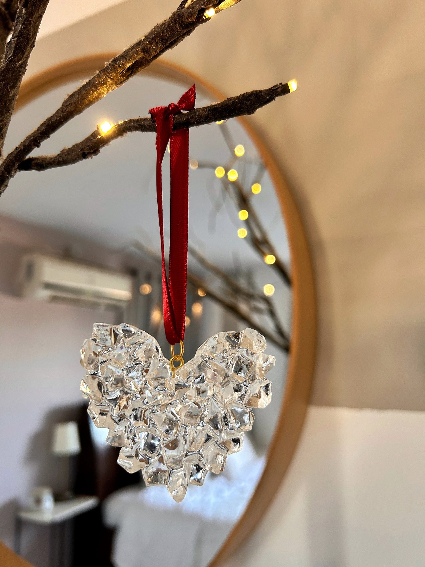 Crystal Resin Burgundy Ribbon Heart Christmas Ornament