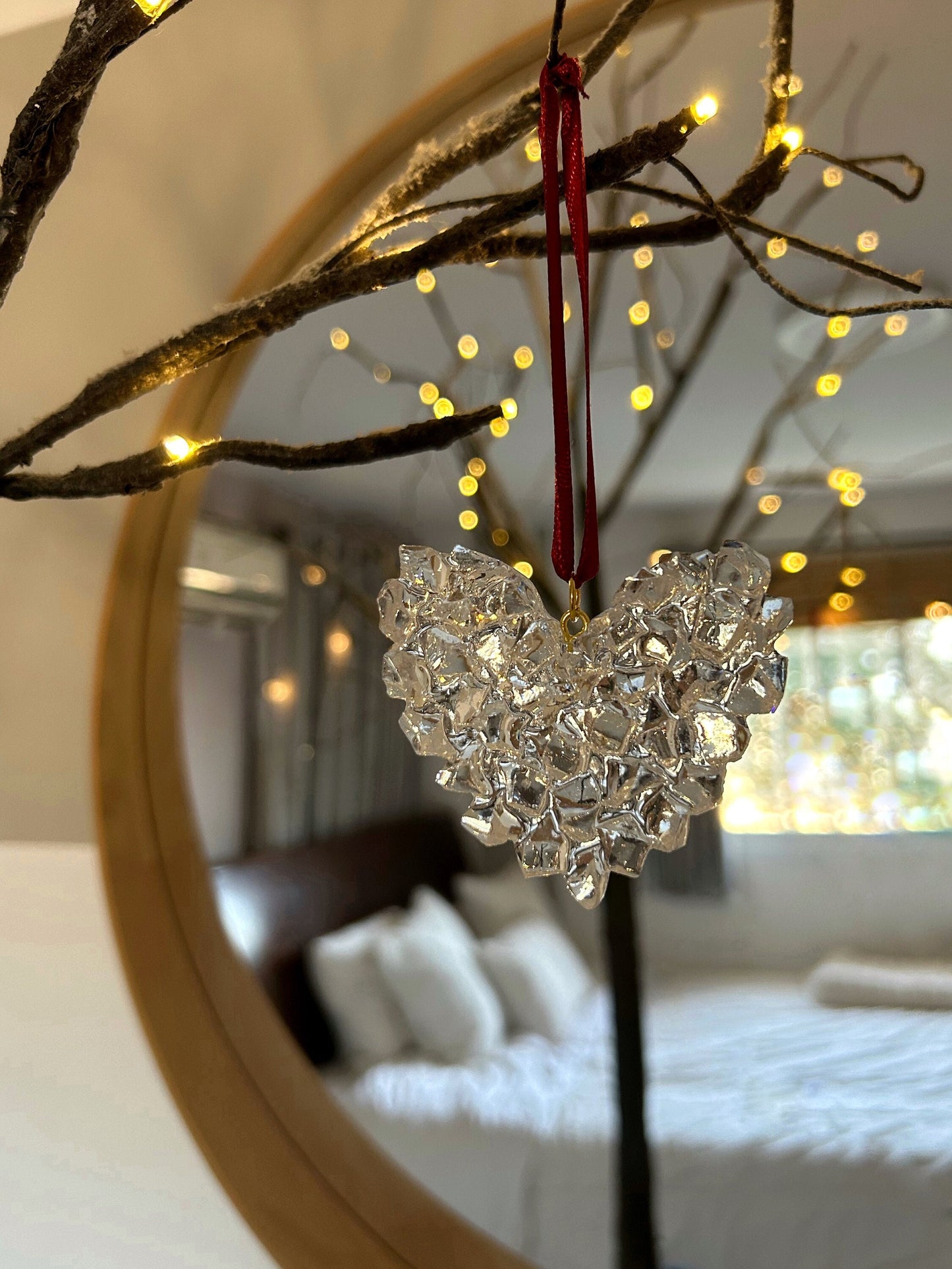 Crystal Resin Burgundy Ribbon Heart Christmas Ornament