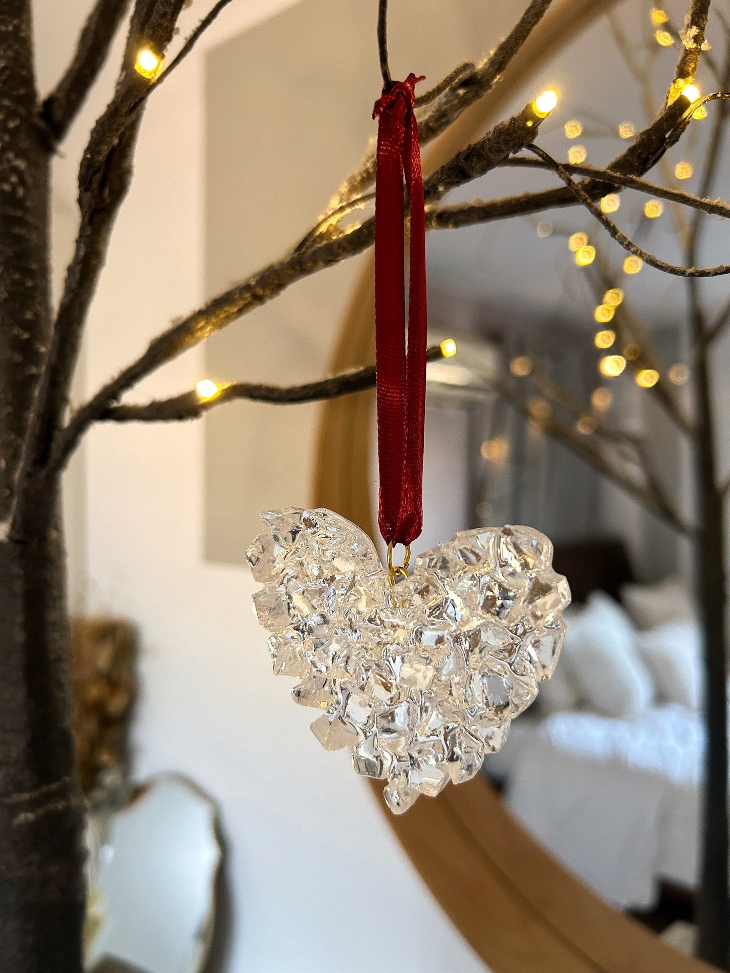 Crystal Resin Burgundy Ribbon Heart Christmas Ornament