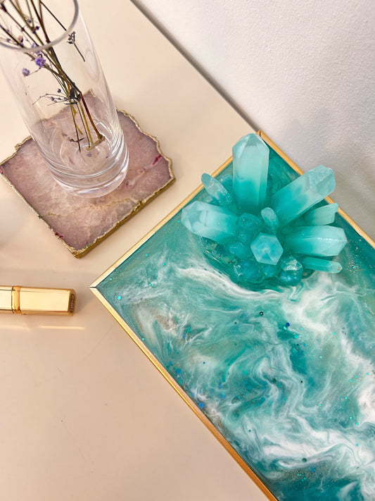 Handmade Glass and Gold Jewelry Box with Resin Geode Crystal Design and Velvet Interior - Ring and Jewelry Organizer with Resin Crystal Lid