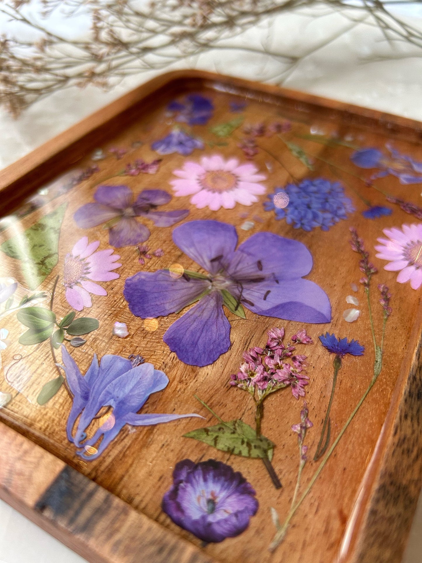 Floral Resin Acacia Wood Jewelry Tray