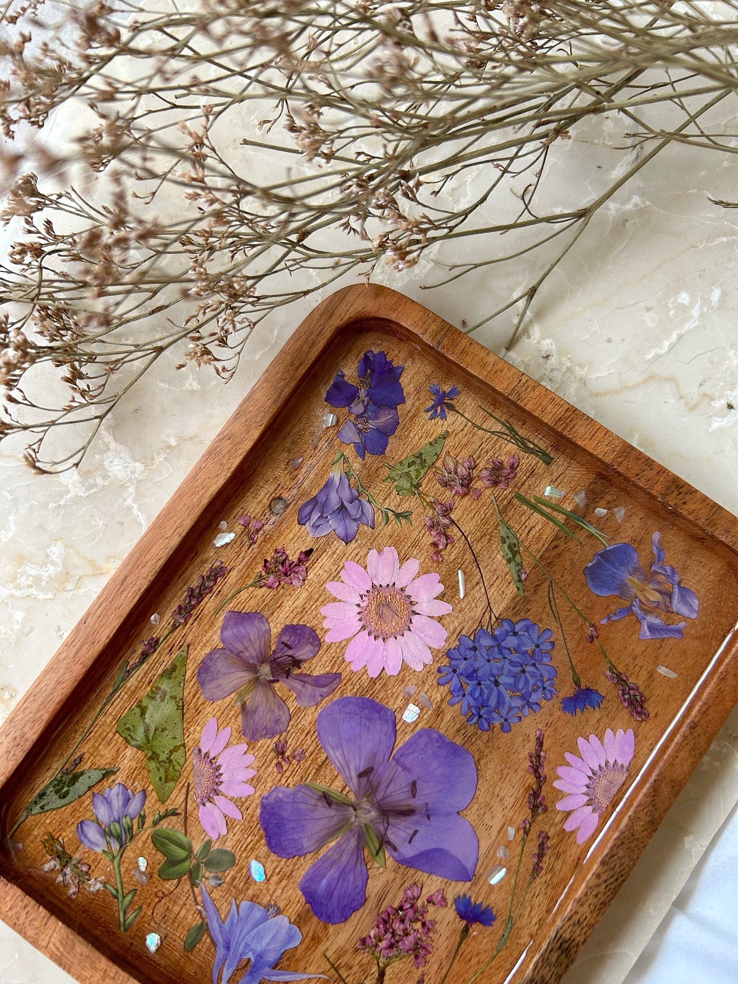 Floral Resin Acacia Wood Jewelry Tray