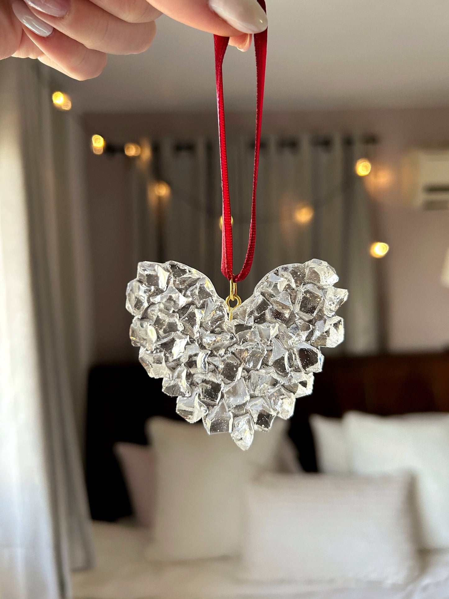 Crystal Resin Burgundy Ribbon Heart Christmas Ornament