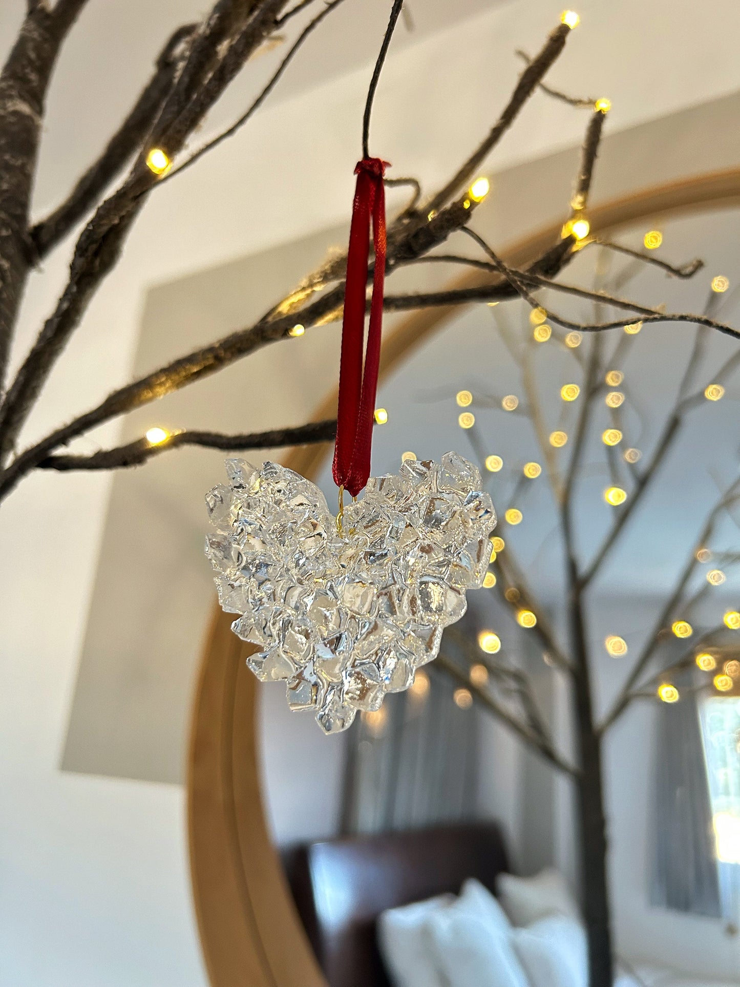 Crystal Resin Burgundy Ribbon Heart Christmas Ornament