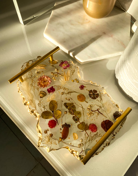 Floral Botanical Resin Tray with Golden Handles