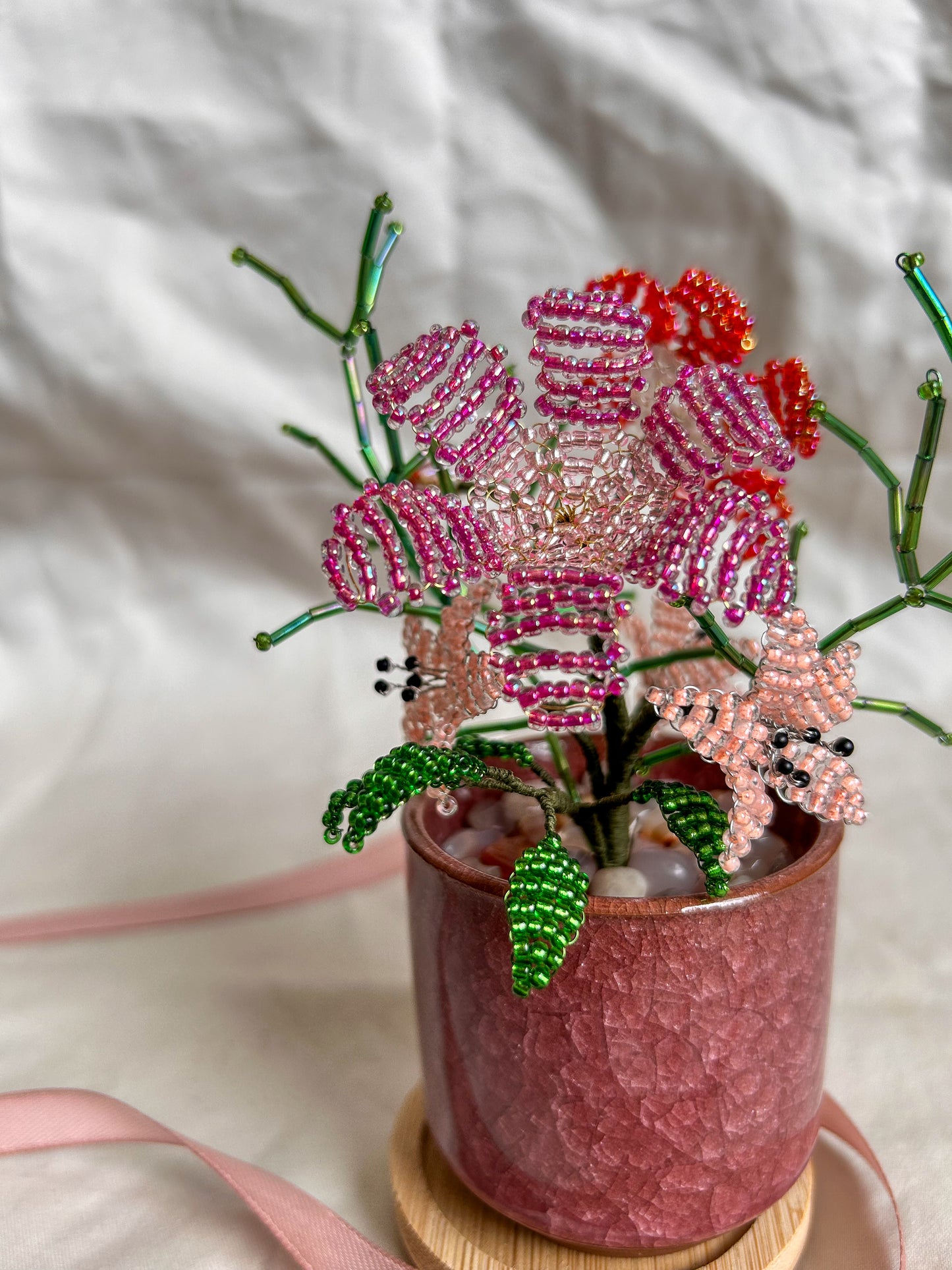 Beaded Pink and Red Flower Bouquet