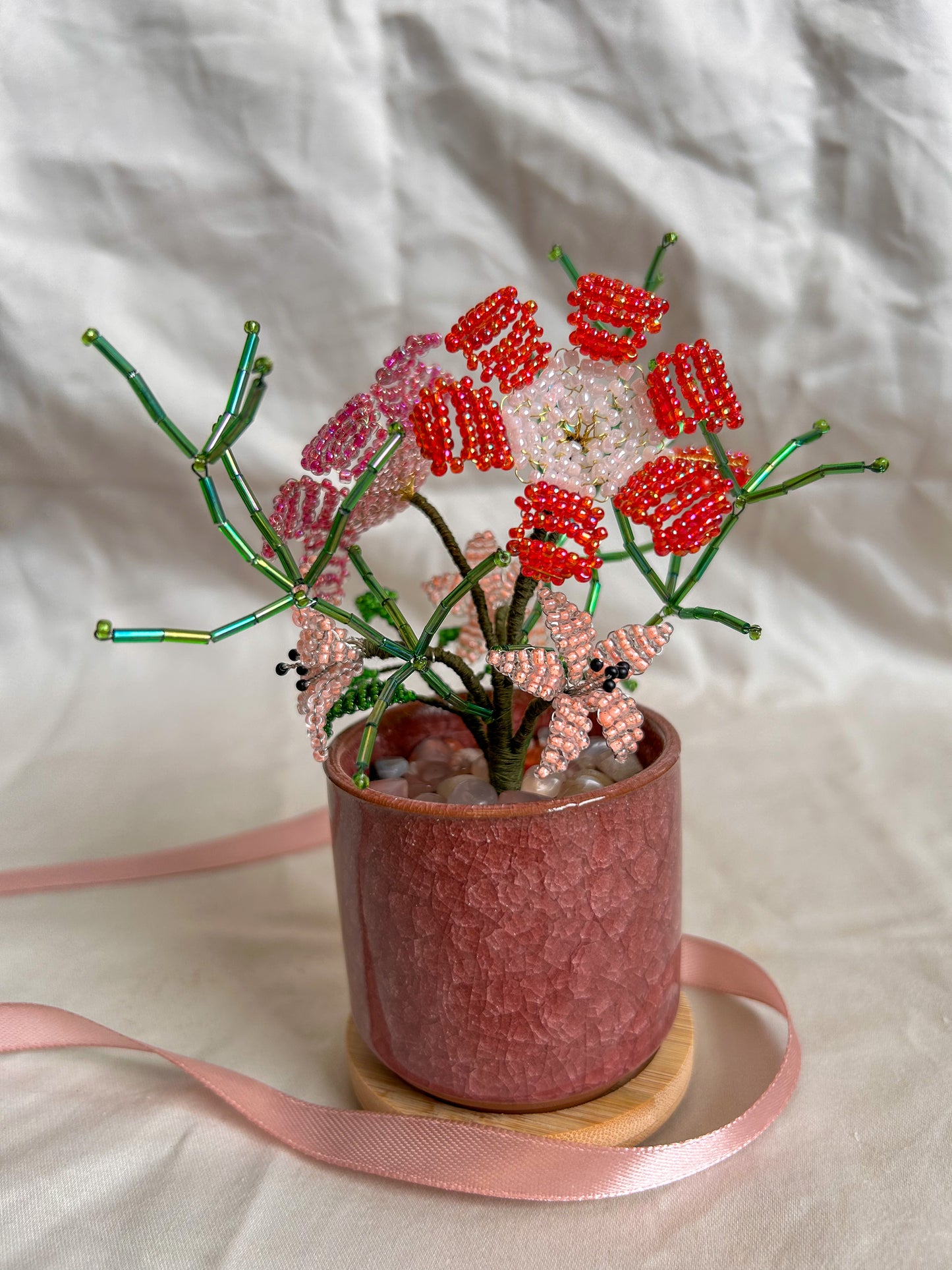 Beaded Pink and Red Flower Bouquet