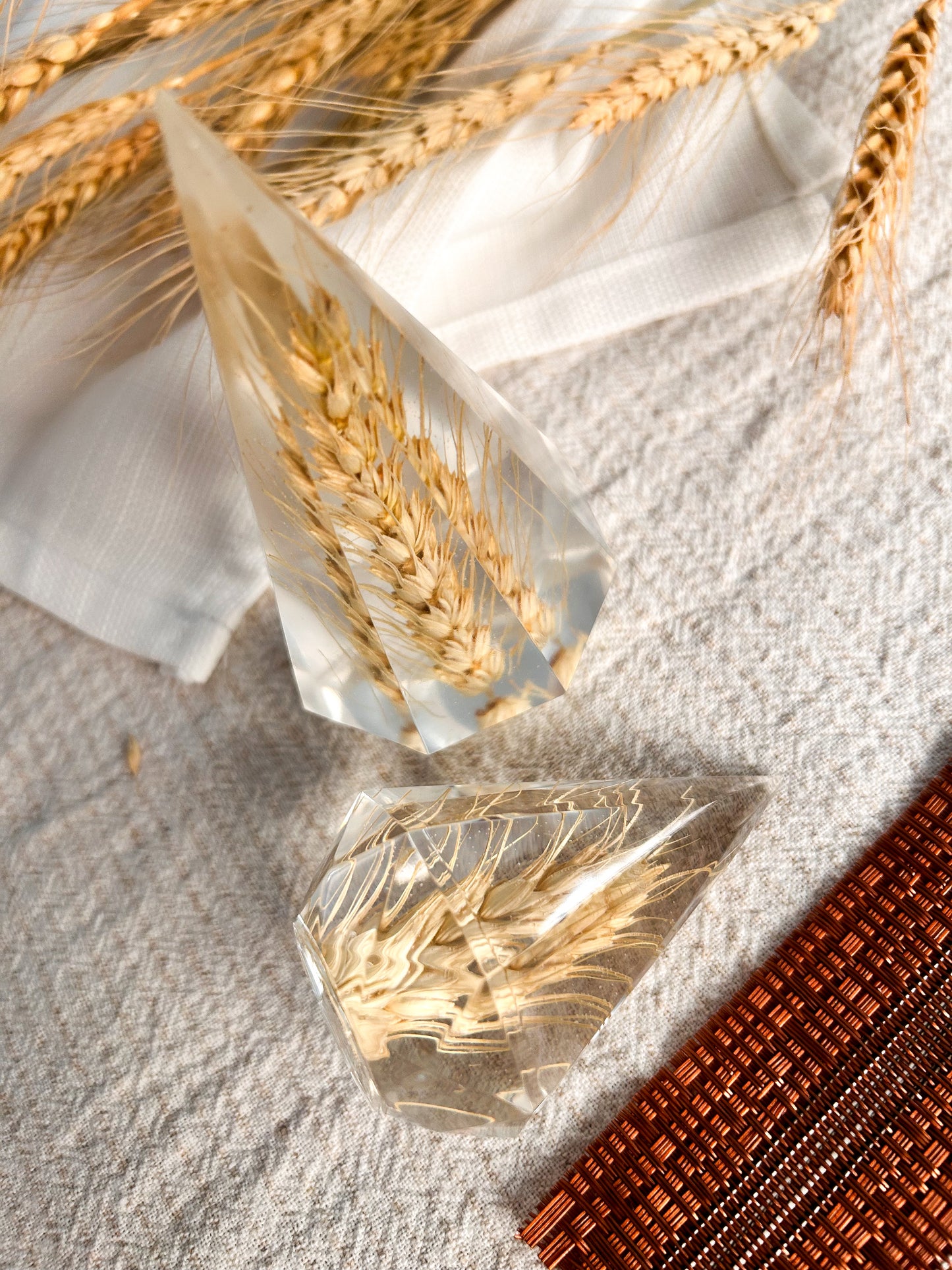 a beautiful handmade resin ring tree featuring wheat. perfect for displaying rings, a unique botanical gift. beautiful vanity, bedroom, bathroom, office, tabletop, nightstand decor. Great as a unique gift for a loved one.