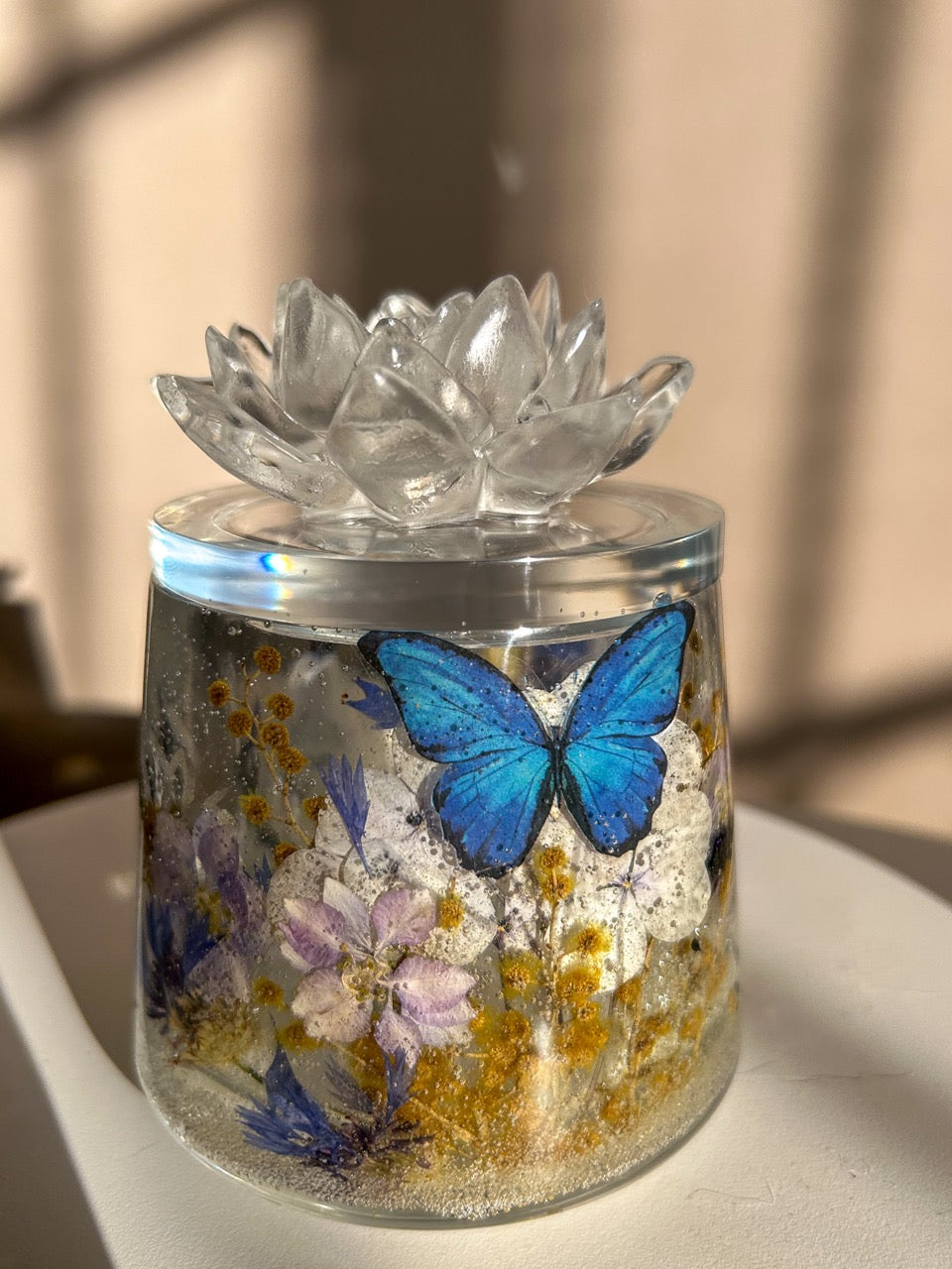 Blue Monarch Butterfly, Dried Flowers and Lotus Jewelry Box