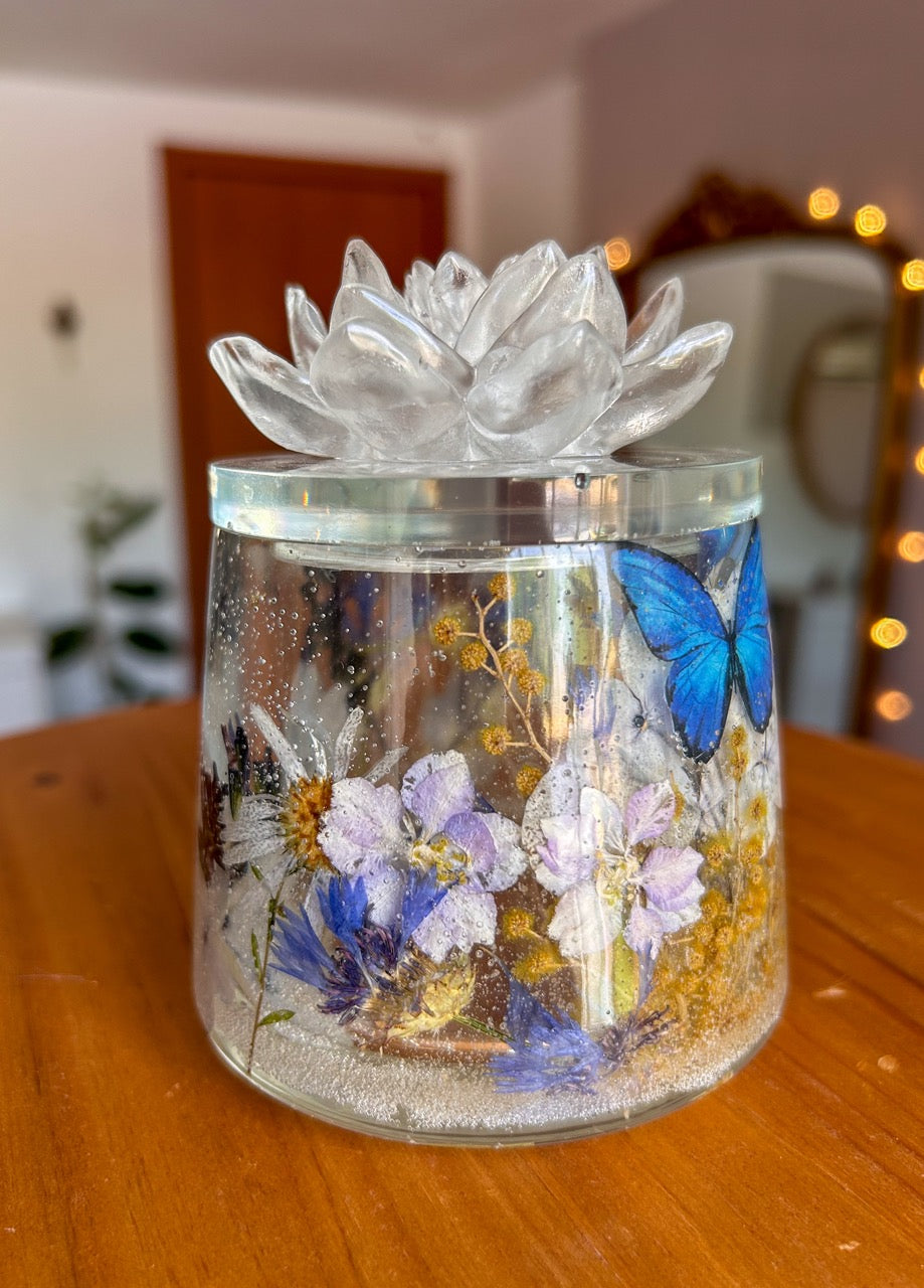 Blue Monarch Butterfly, Dried Flowers and Lotus Jewelry Box