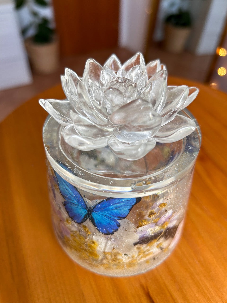 Blue Monarch Butterfly, Dried Flowers and Lotus Jewelry Box