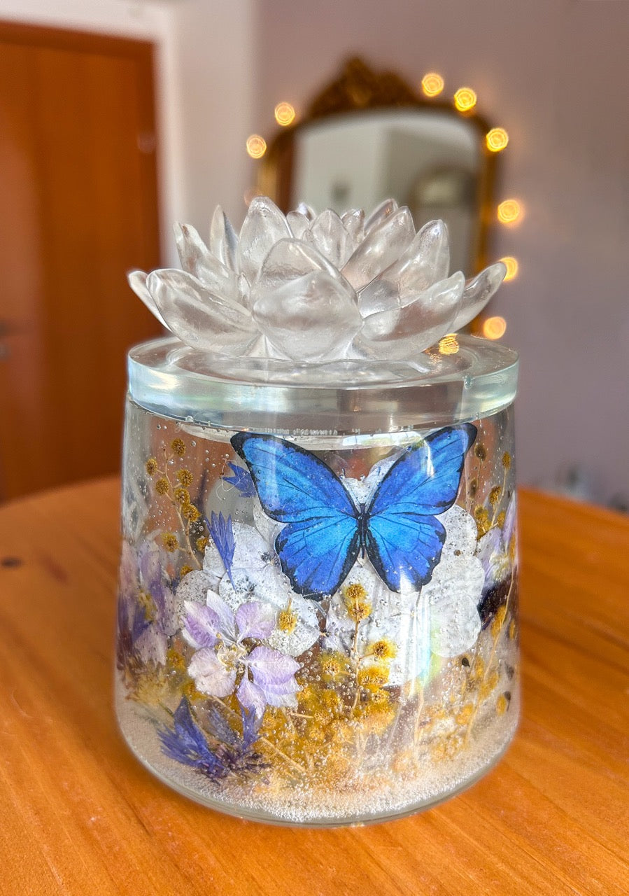 Blue Monarch Butterfly, Dried Flowers and Lotus Jewelry Box