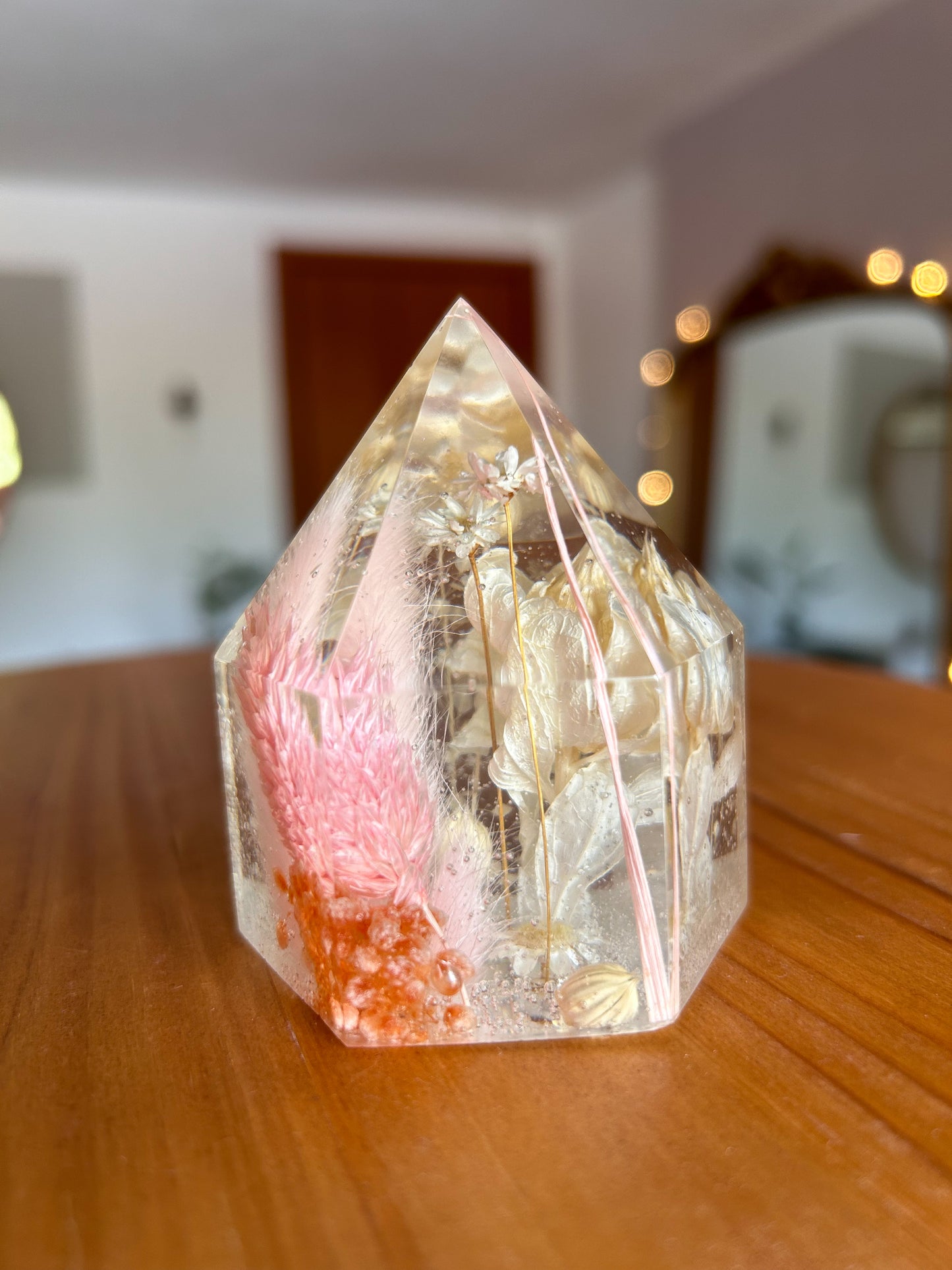 Pink Dried Flower Resin Crystal Tower