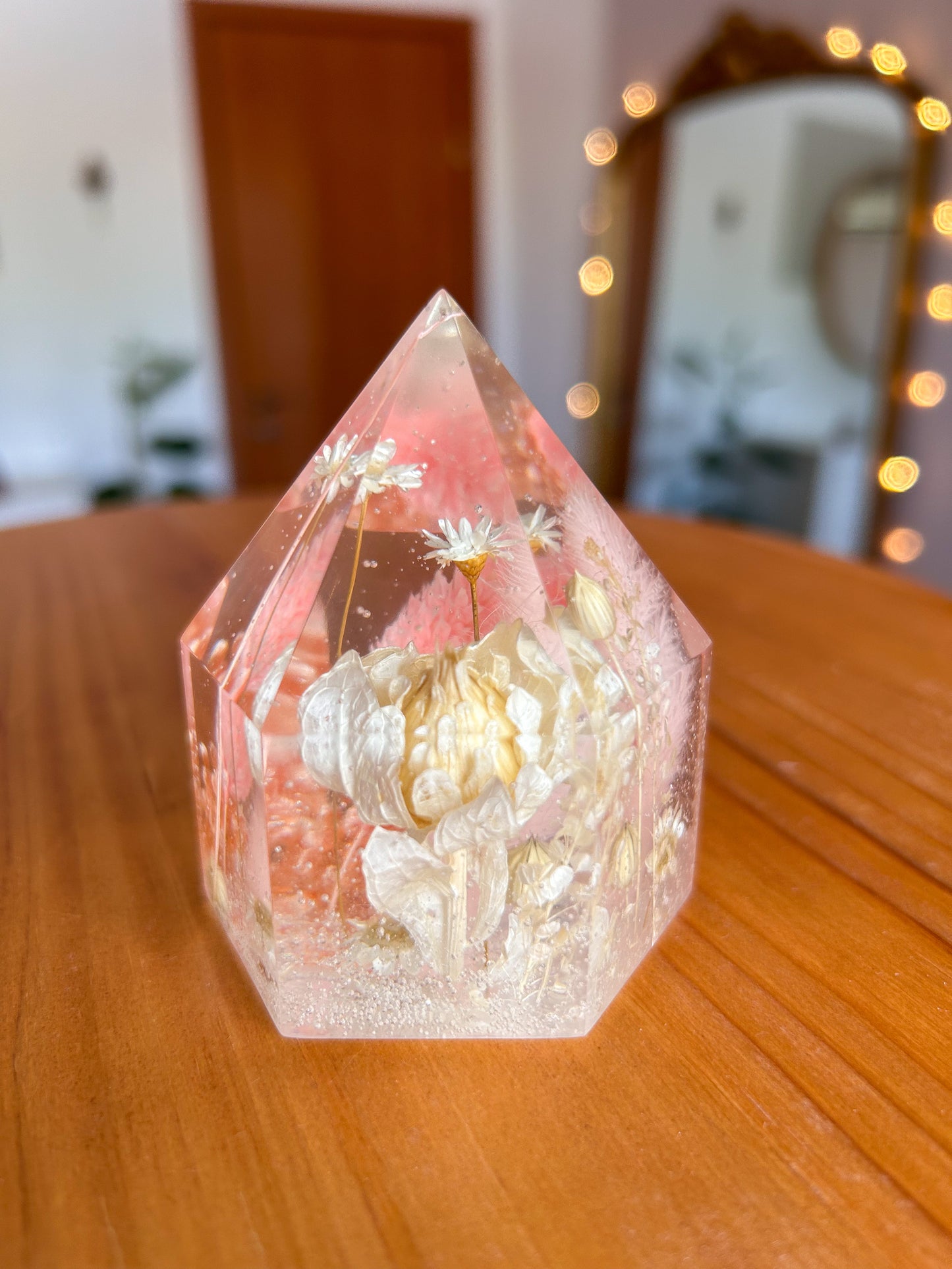 Pink Dried Flower Resin Crystal Tower