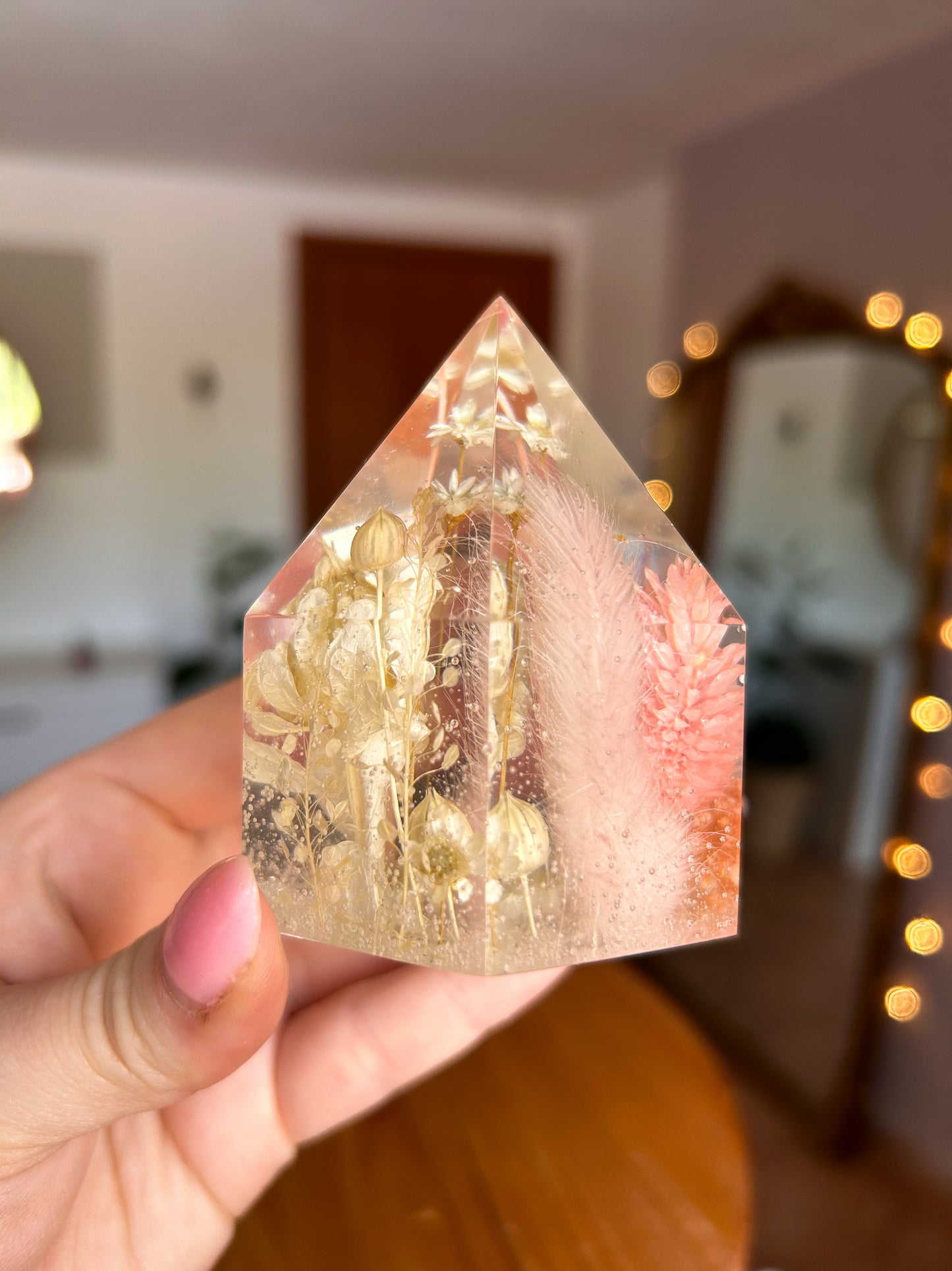 Pink Dried Flower Resin Crystal Tower