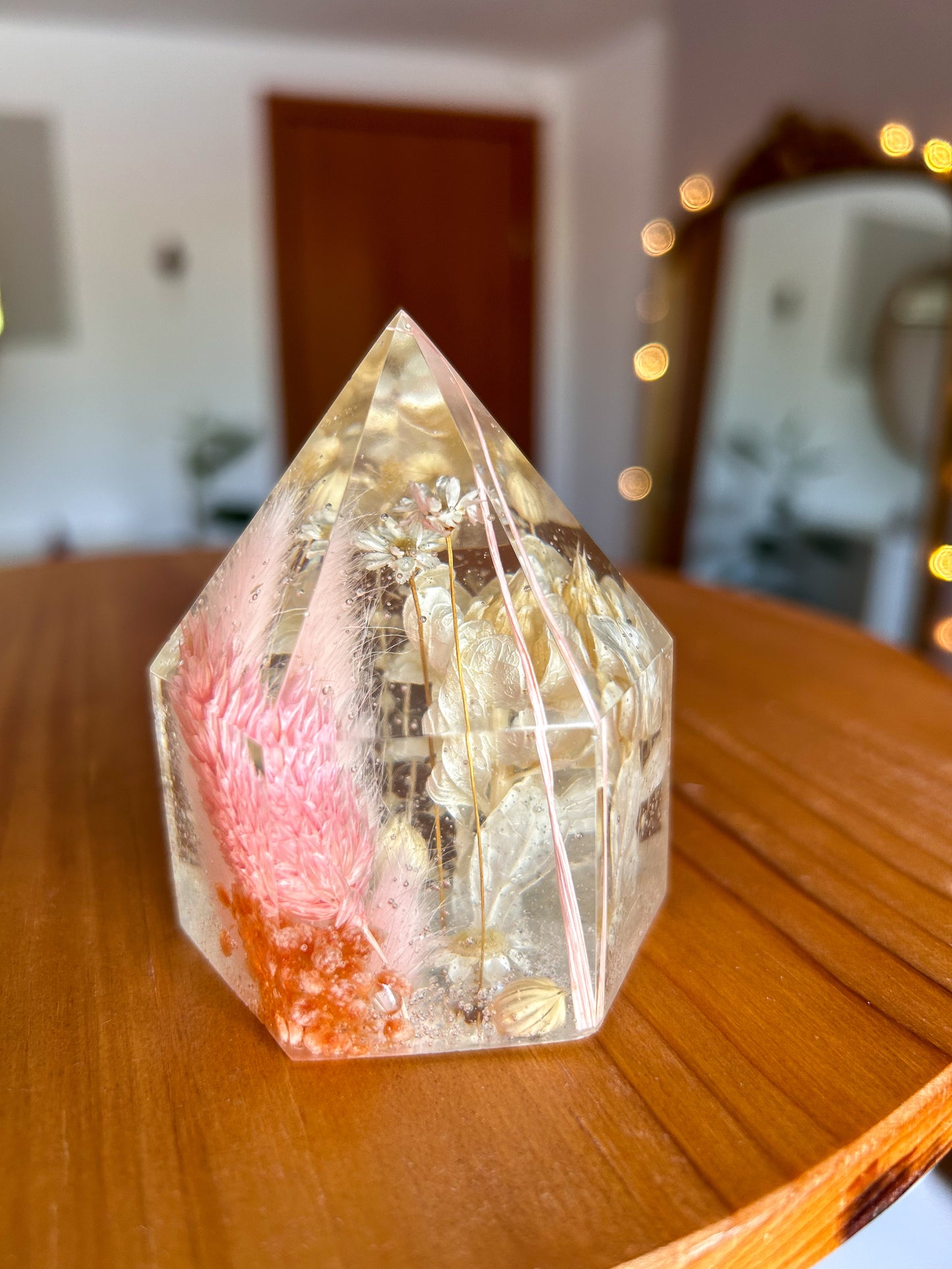 Pink Dried Flower Resin Crystal Tower