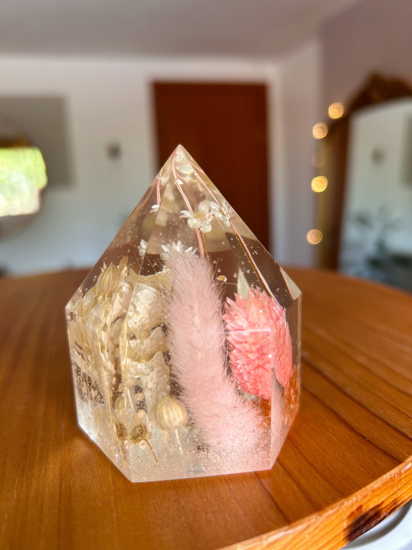 Pink Dried Flower Resin Crystal Tower