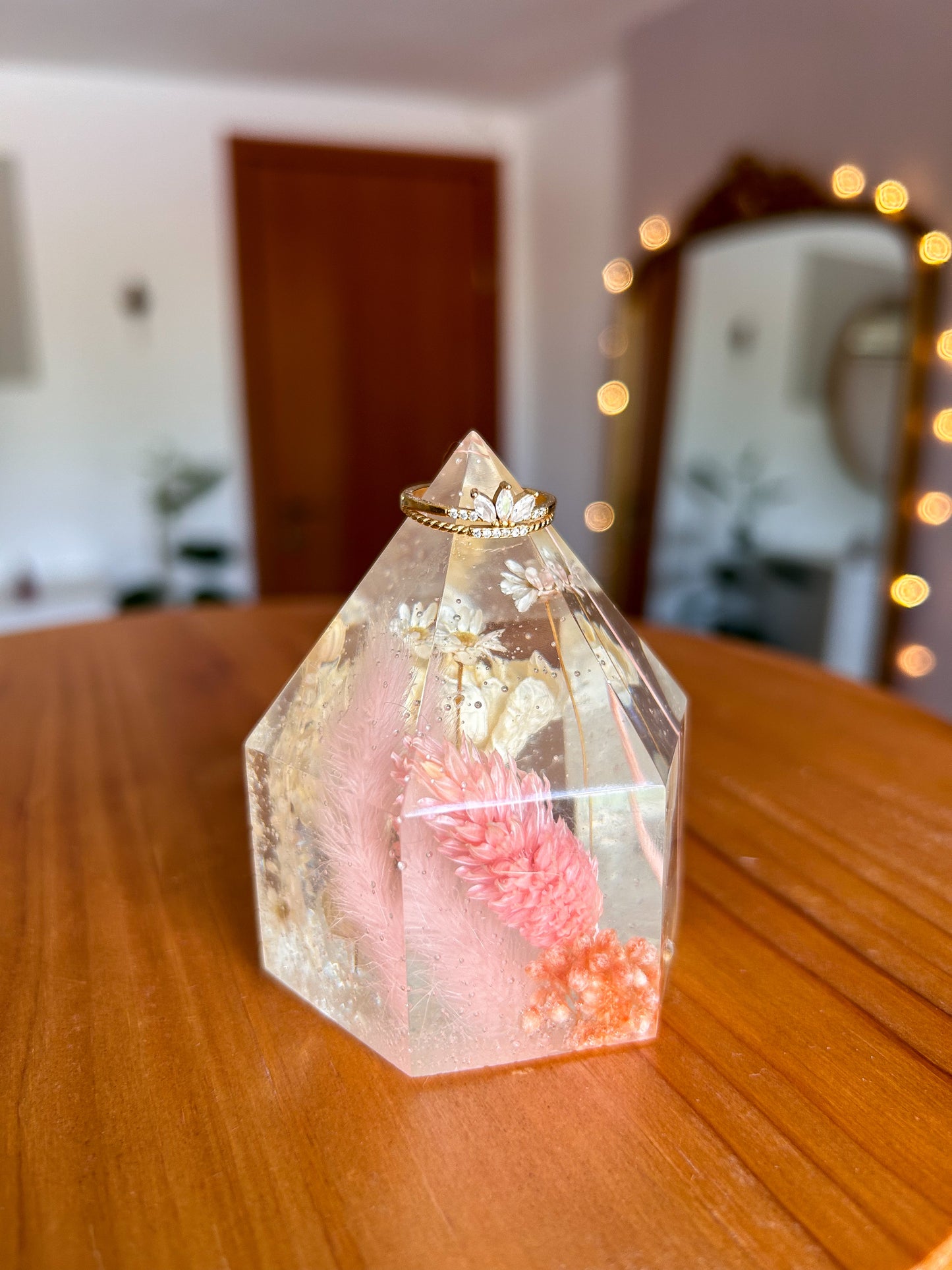 Pink Dried Flower Resin Crystal Tower