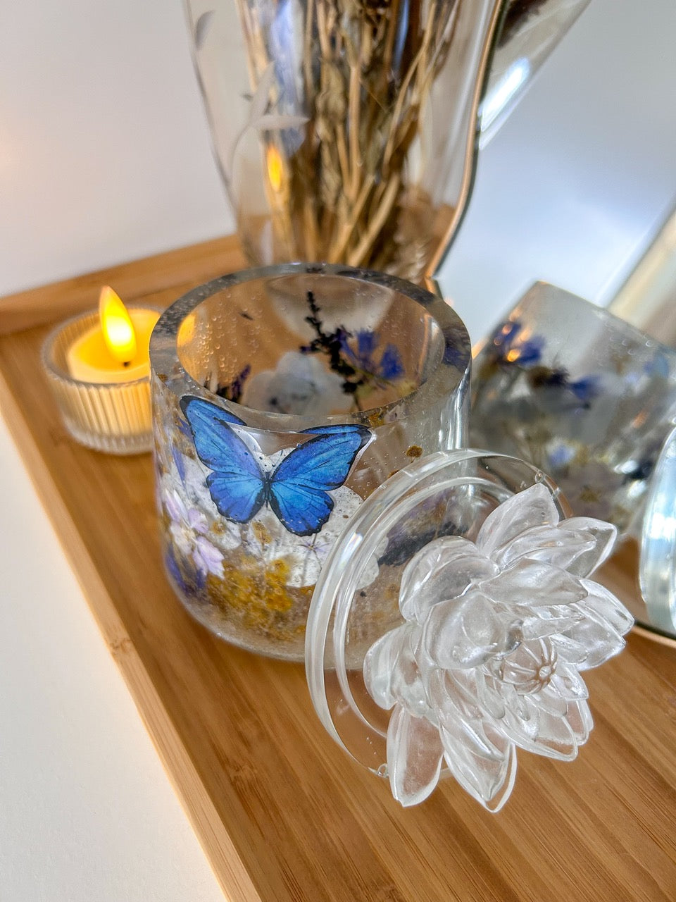 Blue Monarch Butterfly, Dried Flowers and Lotus Jewelry Box