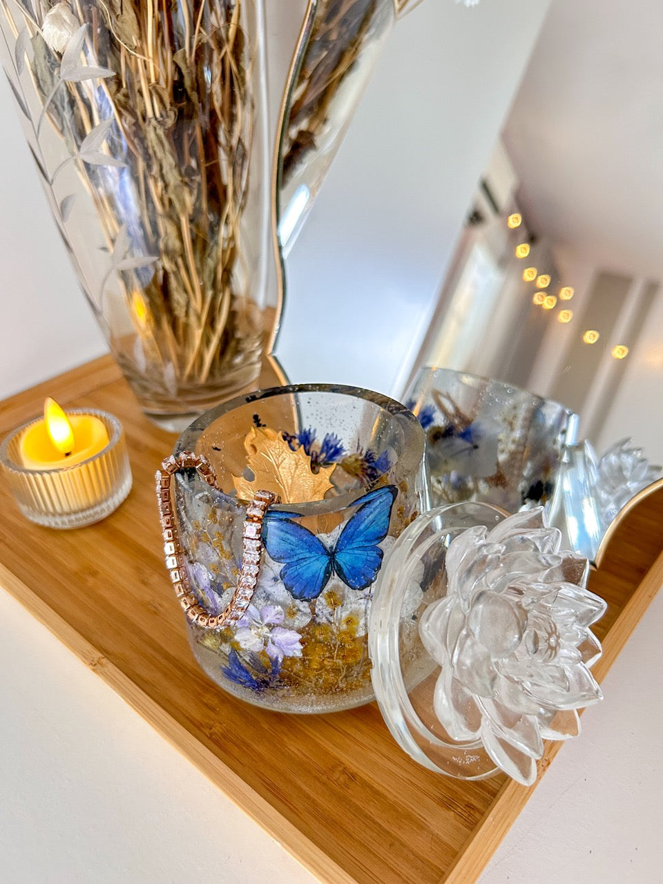 Blue Monarch Butterfly, Dried Flowers and Lotus Jewelry Box