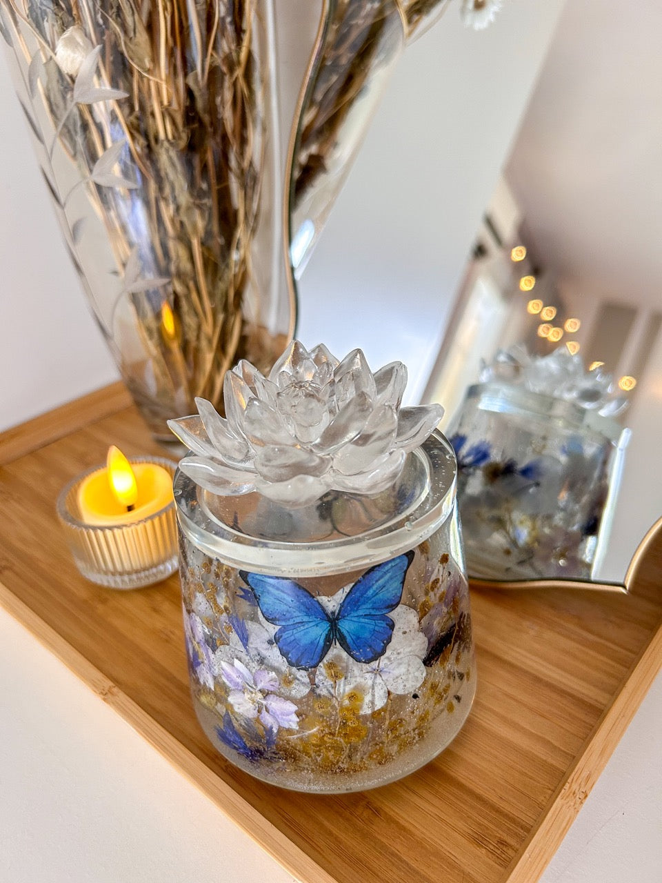 Blue Monarch Butterfly, Dried Flowers and Lotus Jewelry Box