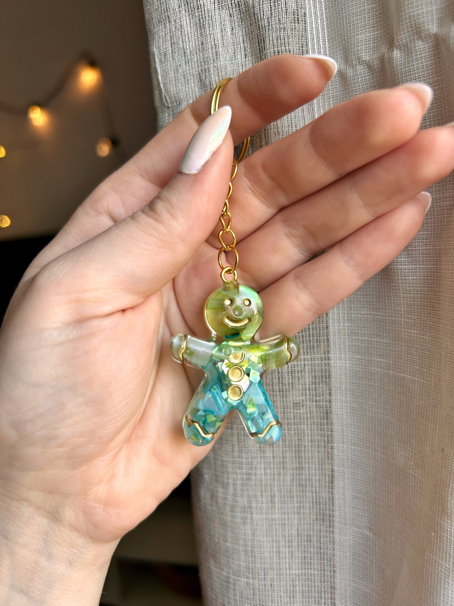 Green and Teal Resin Gingerbread Man Keychain