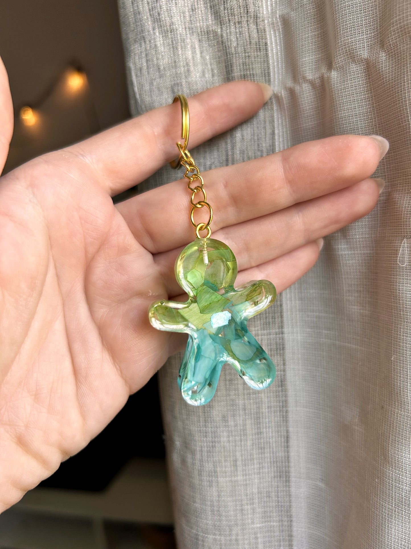 Green and Teal Resin Gingerbread Man Keychain