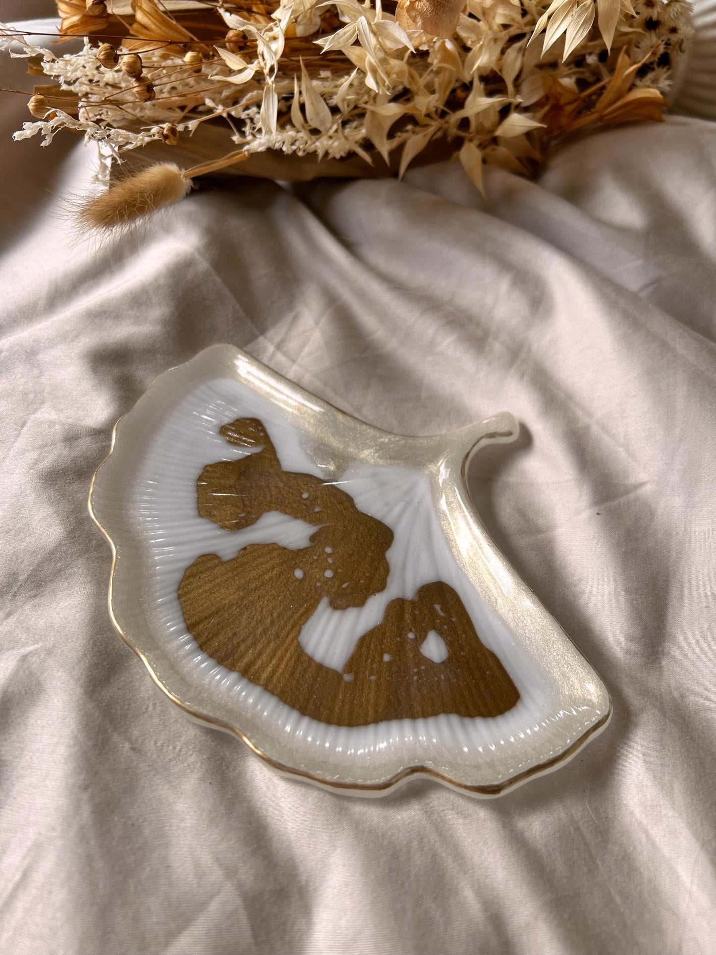 Gold and Cream Ginkgo Leaf Jewelry Dish