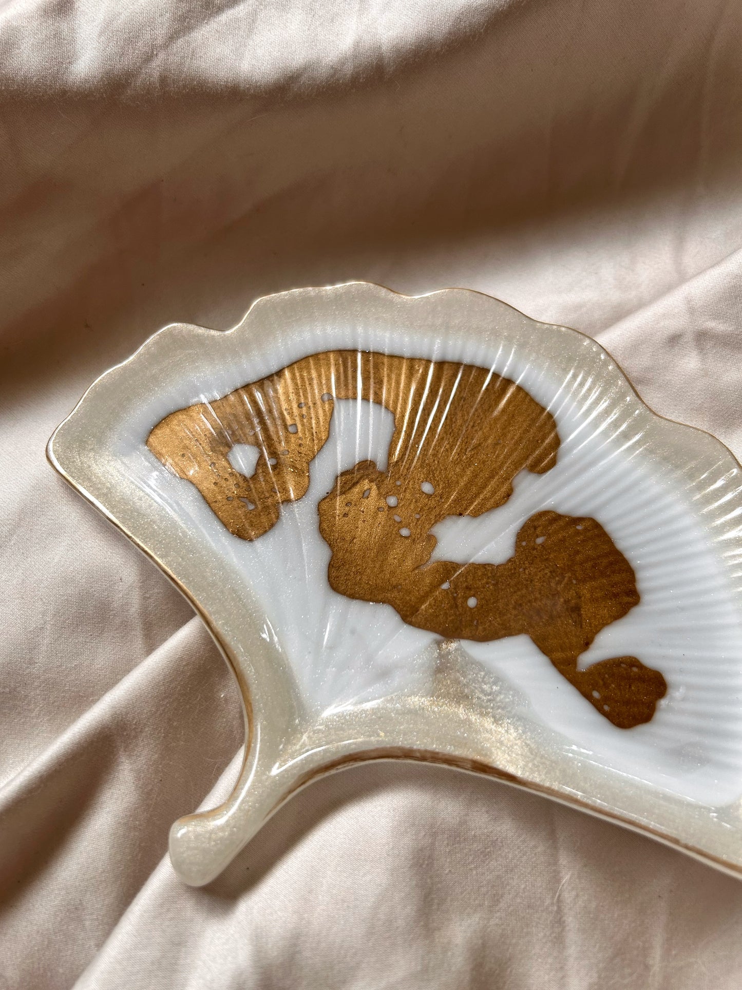 Gold and Cream Ginkgo Leaf Jewelry Dish