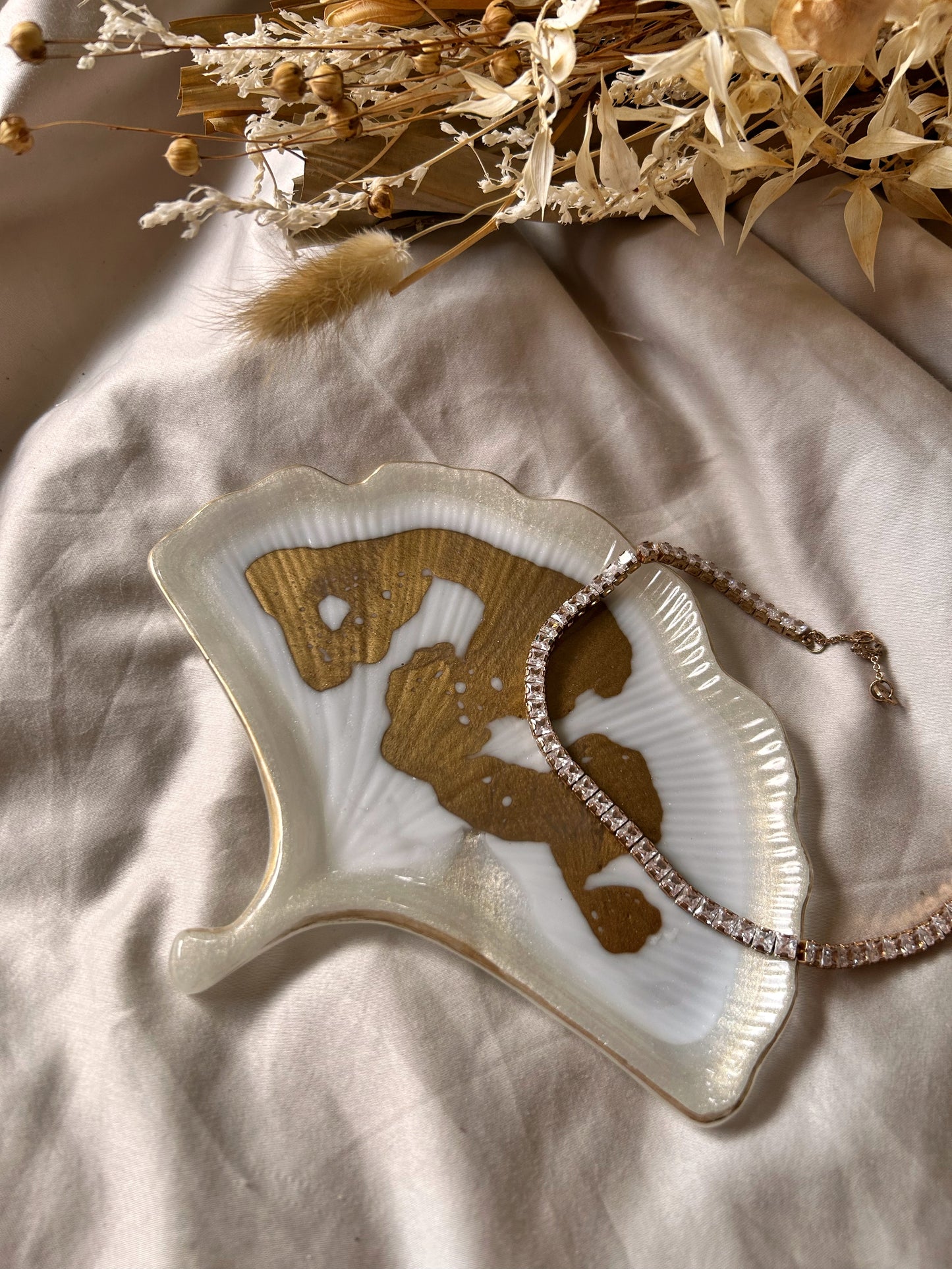 Gold and Cream Ginkgo Leaf Jewelry Dish