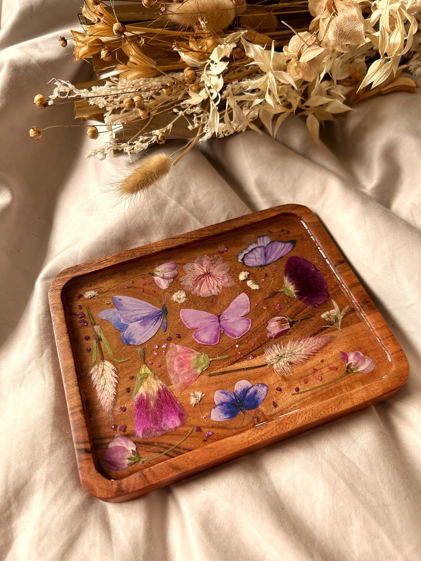 Floral Butterfly Jewelry Resin Acacia Wooden Tray