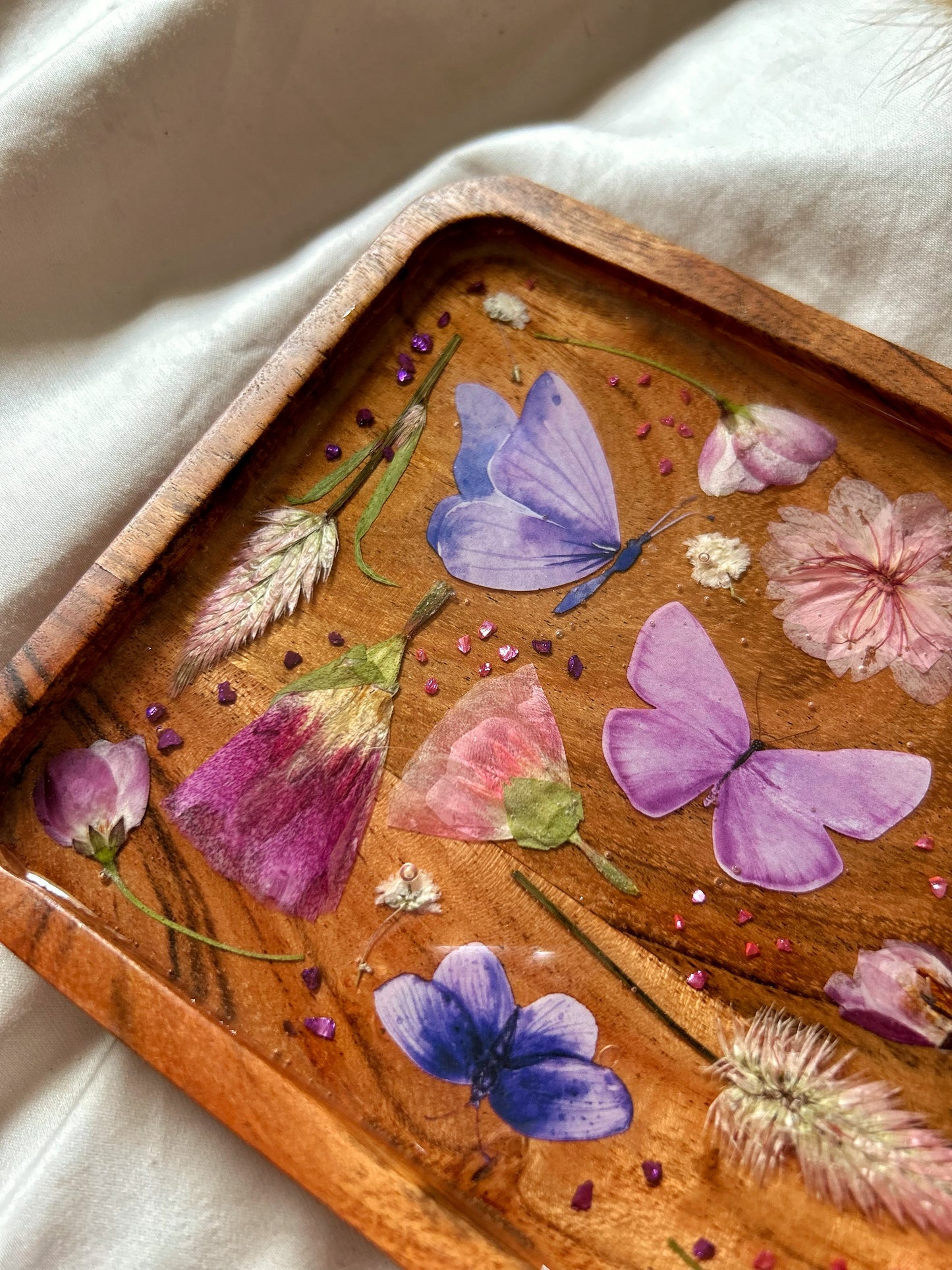 Floral Butterfly Jewelry Resin Acacia Wooden Tray